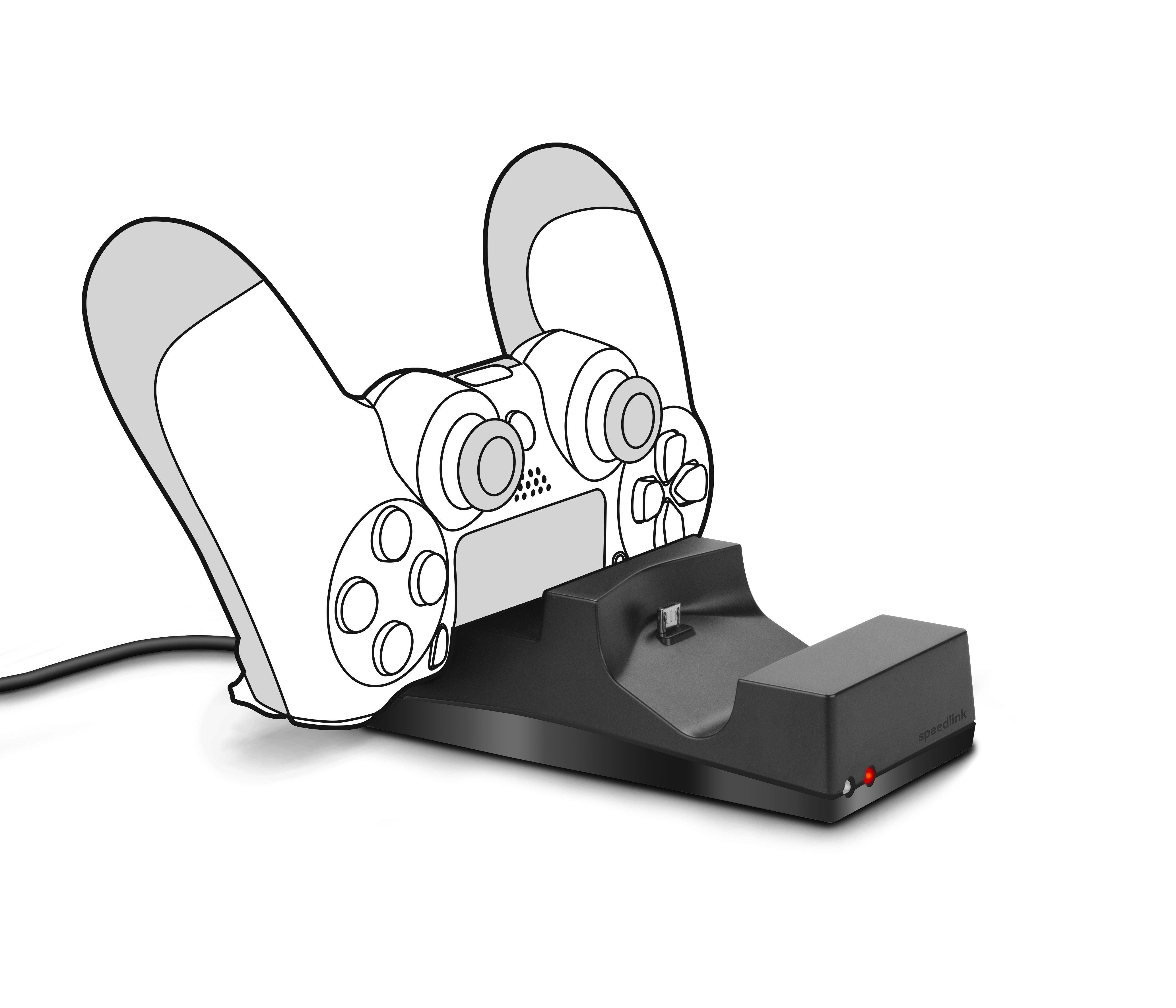 Schwarz-Weiß-Strichzeichnung eines Gamecontrollers auf einer Ladestation. Weißer Hintergrund, USB-Anschluss sichtbar.