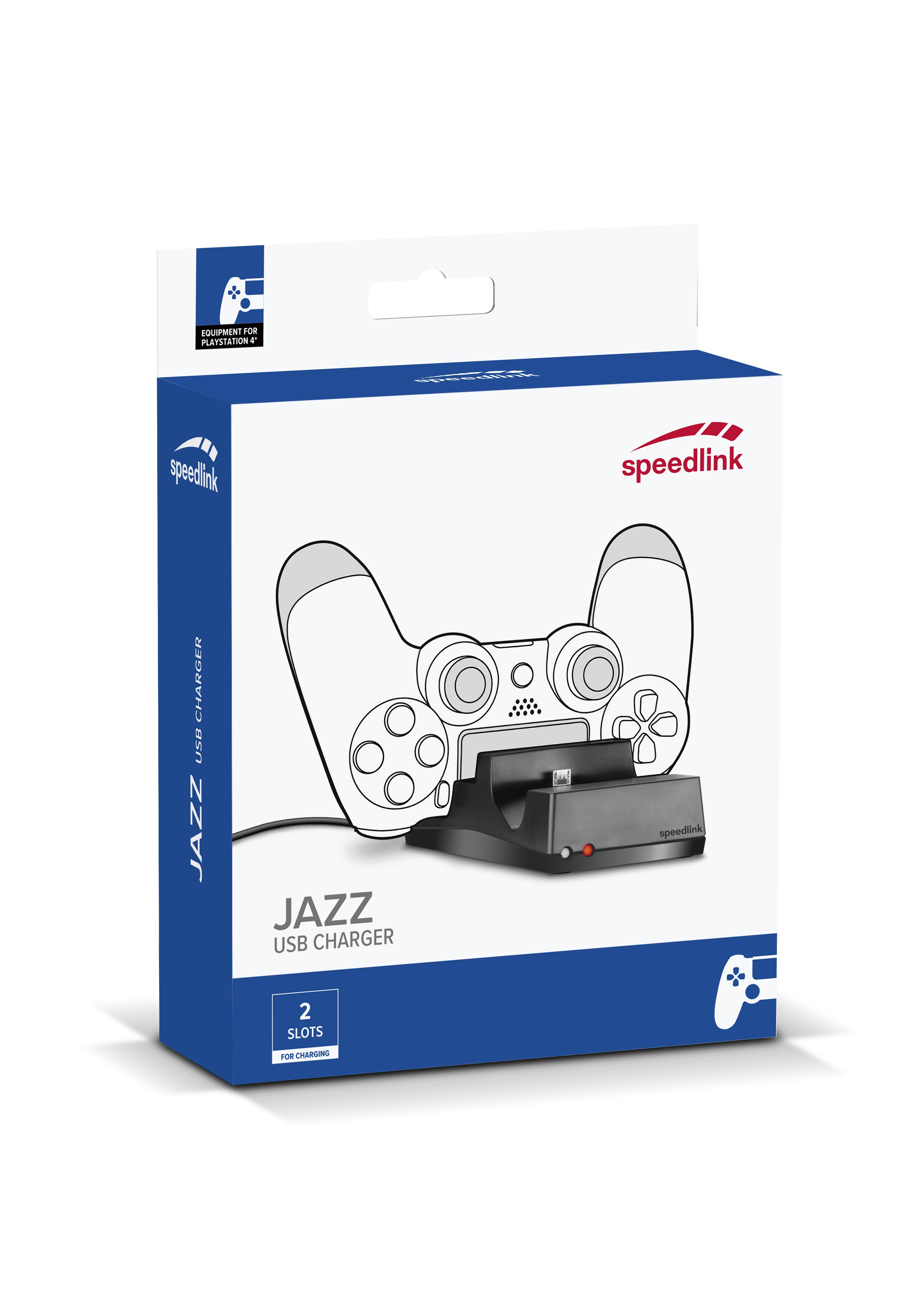 Spielcontroller-Ladegerät in einer Box. Text: JAZZ USB-LADEGERÄT. 2 Steckplätze zum Aufladen.