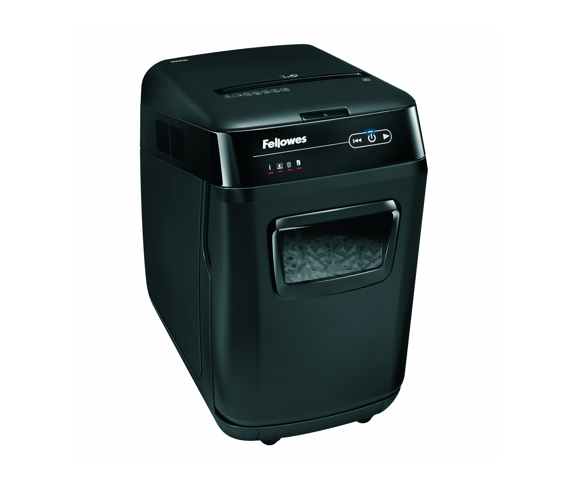 Czarna niszczarka do papieru Fellowes na białym tle. Widoczny pocięty papier w pojemniku.