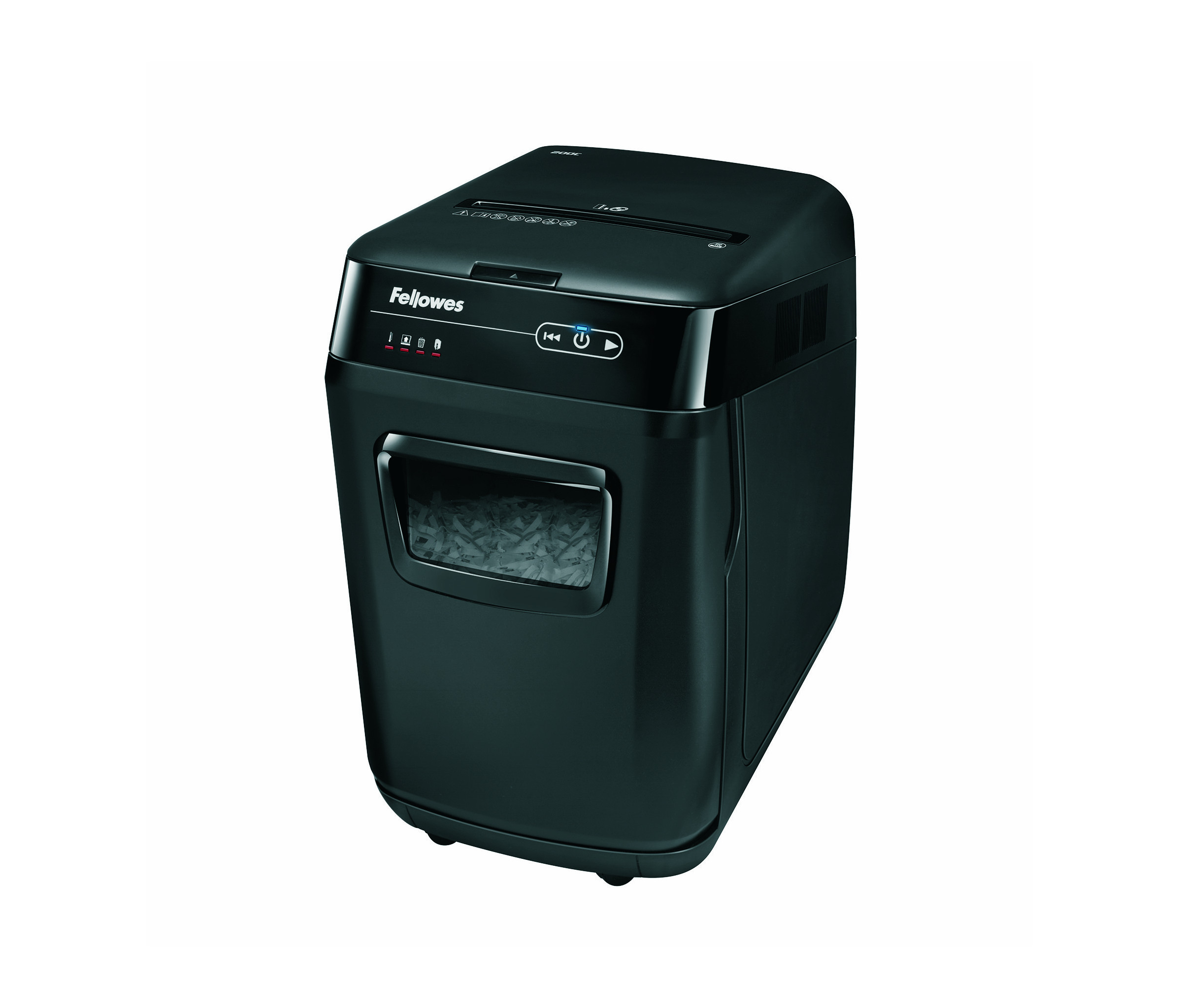 Czarna niszczarka do papieru, widok z góry, z przyciskami sterowania i przezroczystym oknem do wglądu w papier.