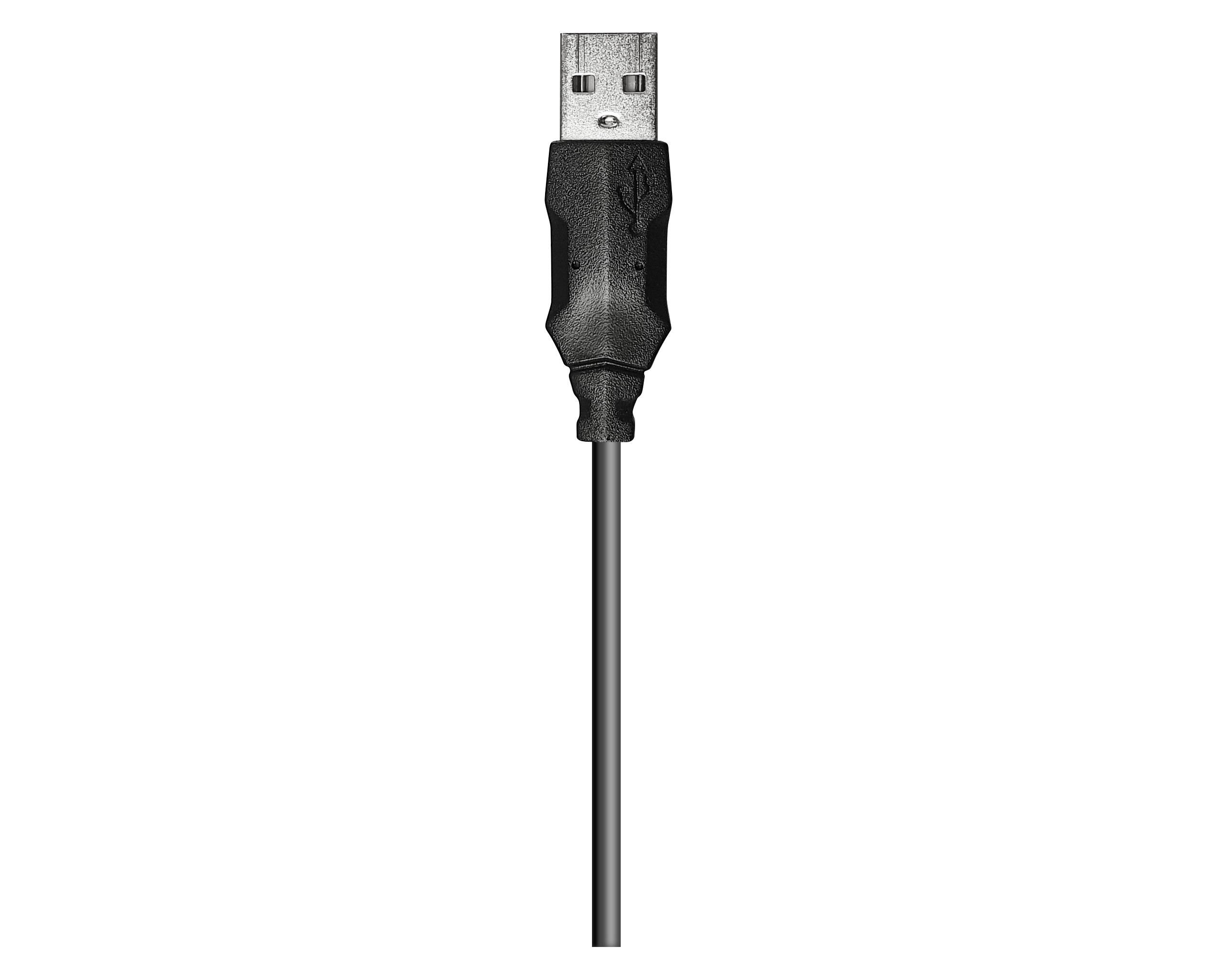 Schwarzes USB-Kabel mit Stecker oben, auf weißem Hintergrund. Das Kabel ist gerade.
