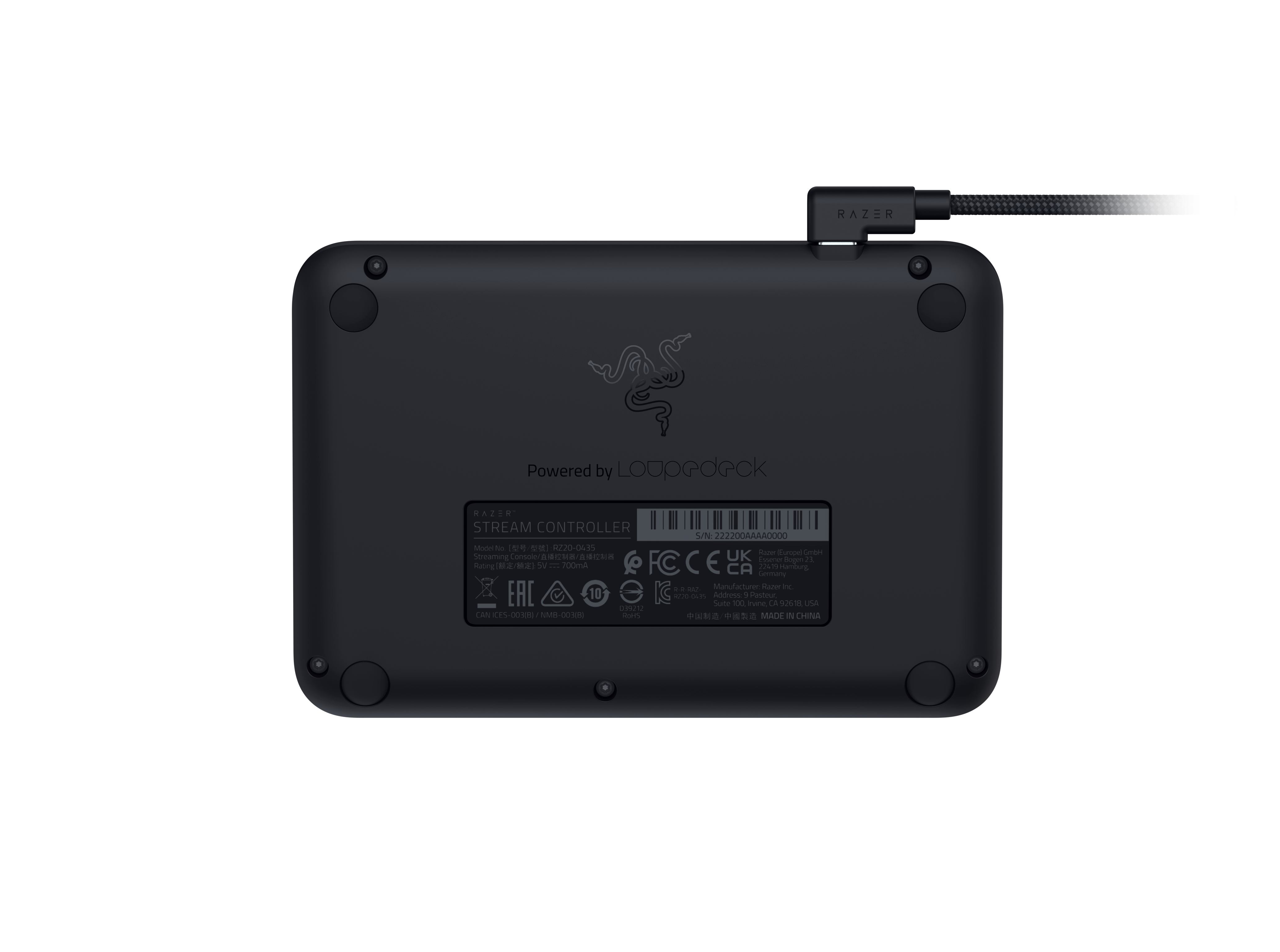 Parte inferior del Razer Stream Controller negro. Con el logotipo de Razer y detalles del producto.