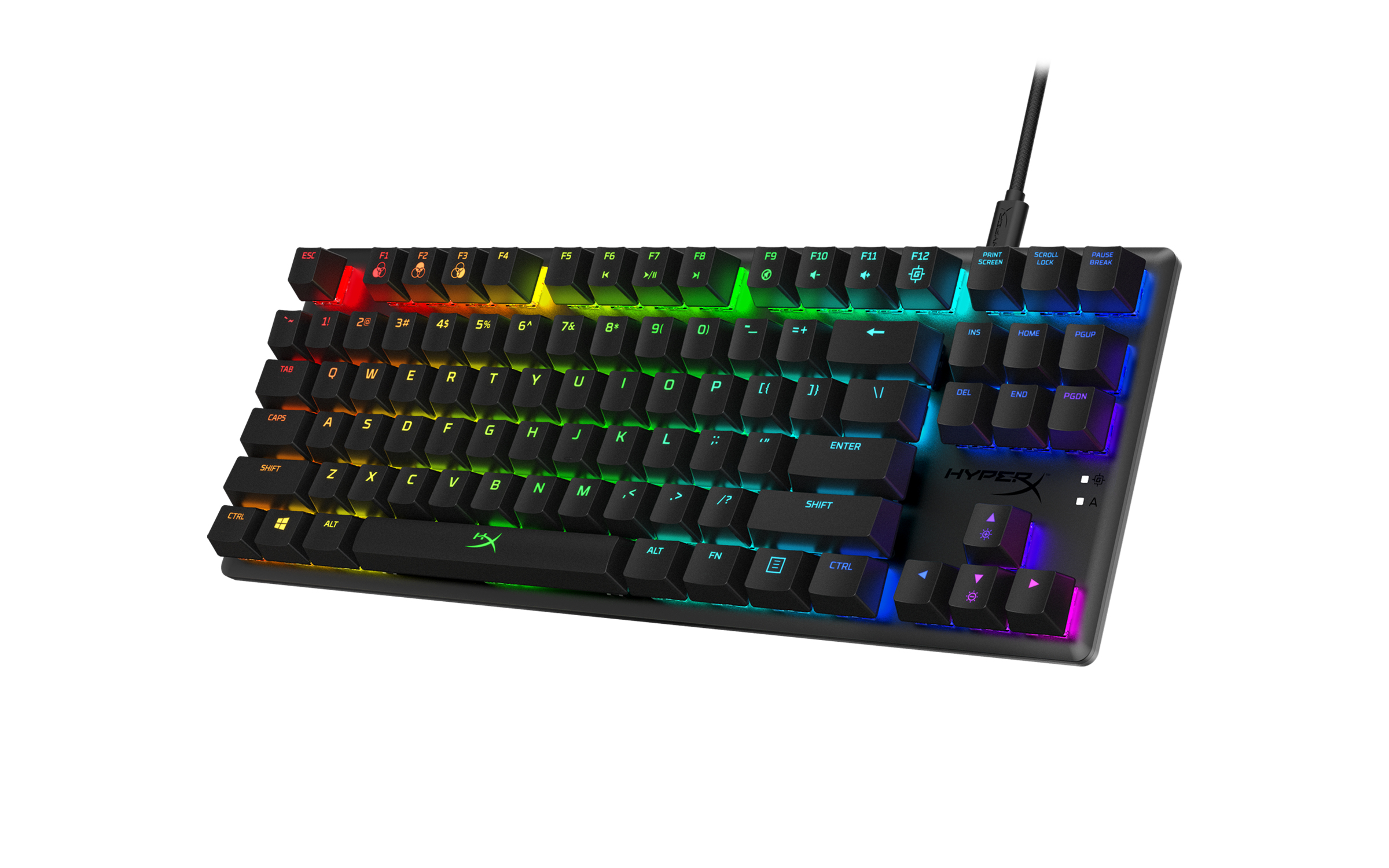 Teclado mecánico negro con teclas iluminadas con arcoíris. Con conexión por cable y múltiples teclas de función.