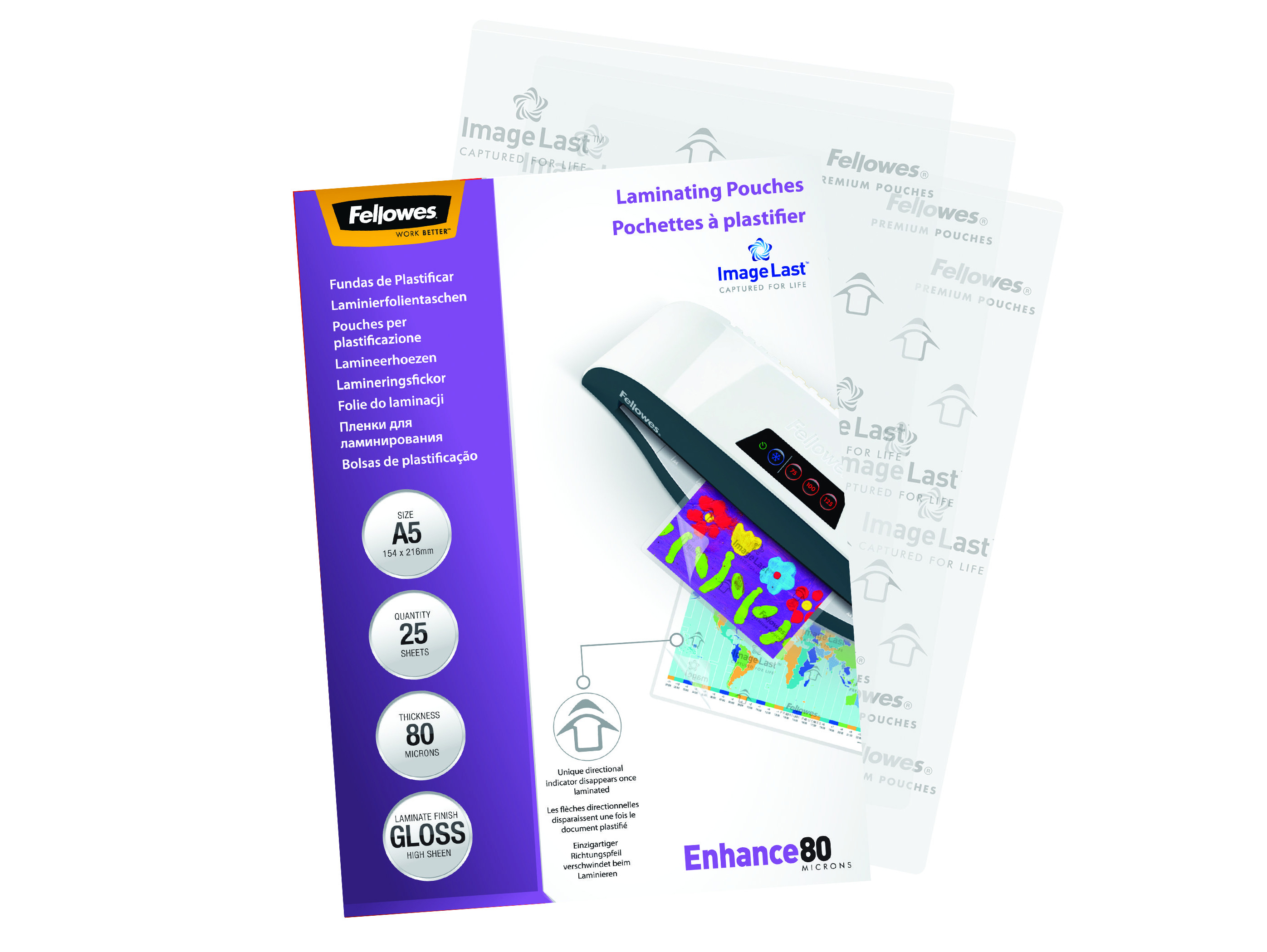 Laminierfolienverpackung mit einem Laminiergerät und einem Blatt mit einem laminierten Bild.