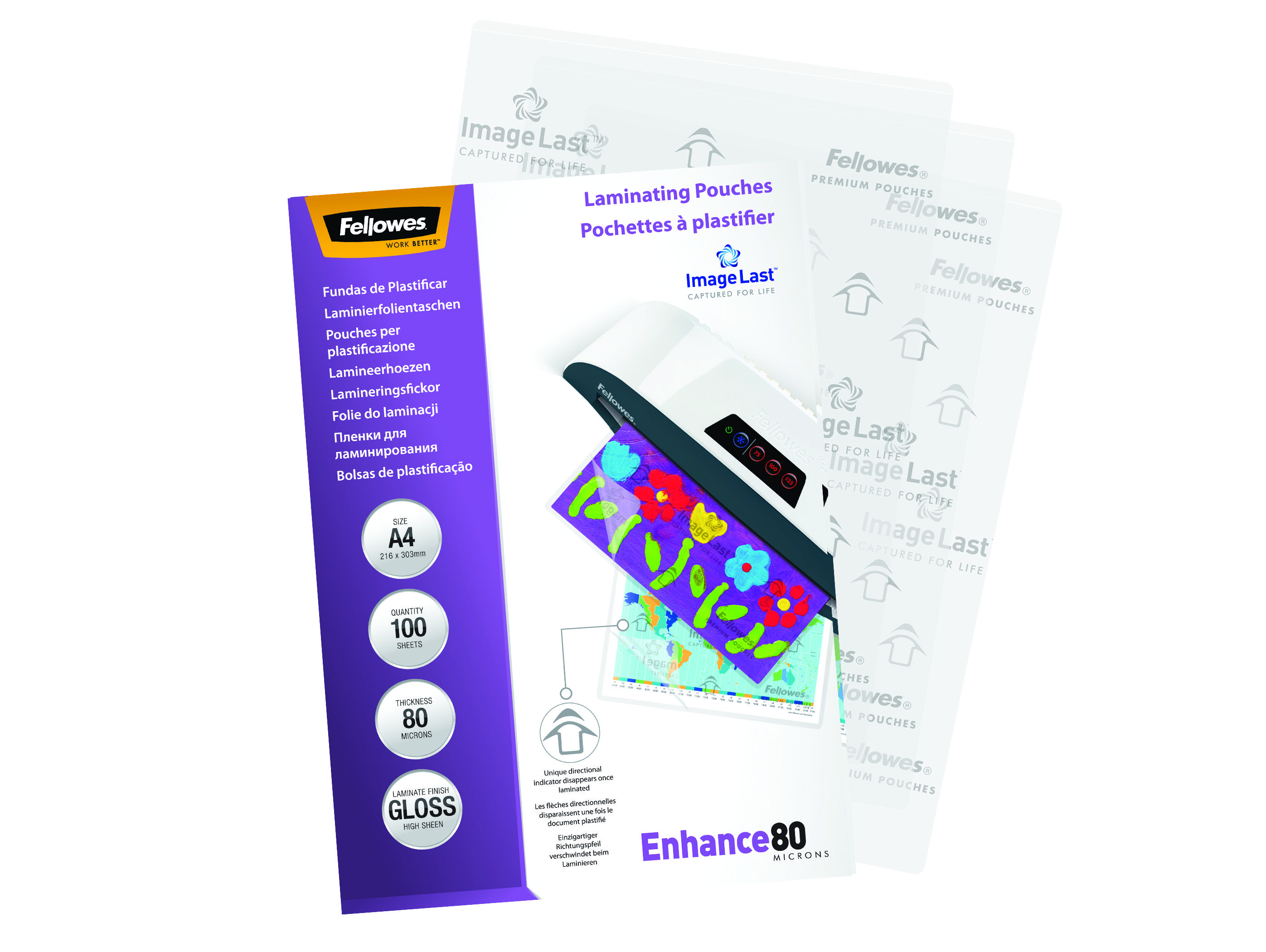 Verpackung für Laminierfolien mit einem Laminierungsbeispiel und weiteren Folien.