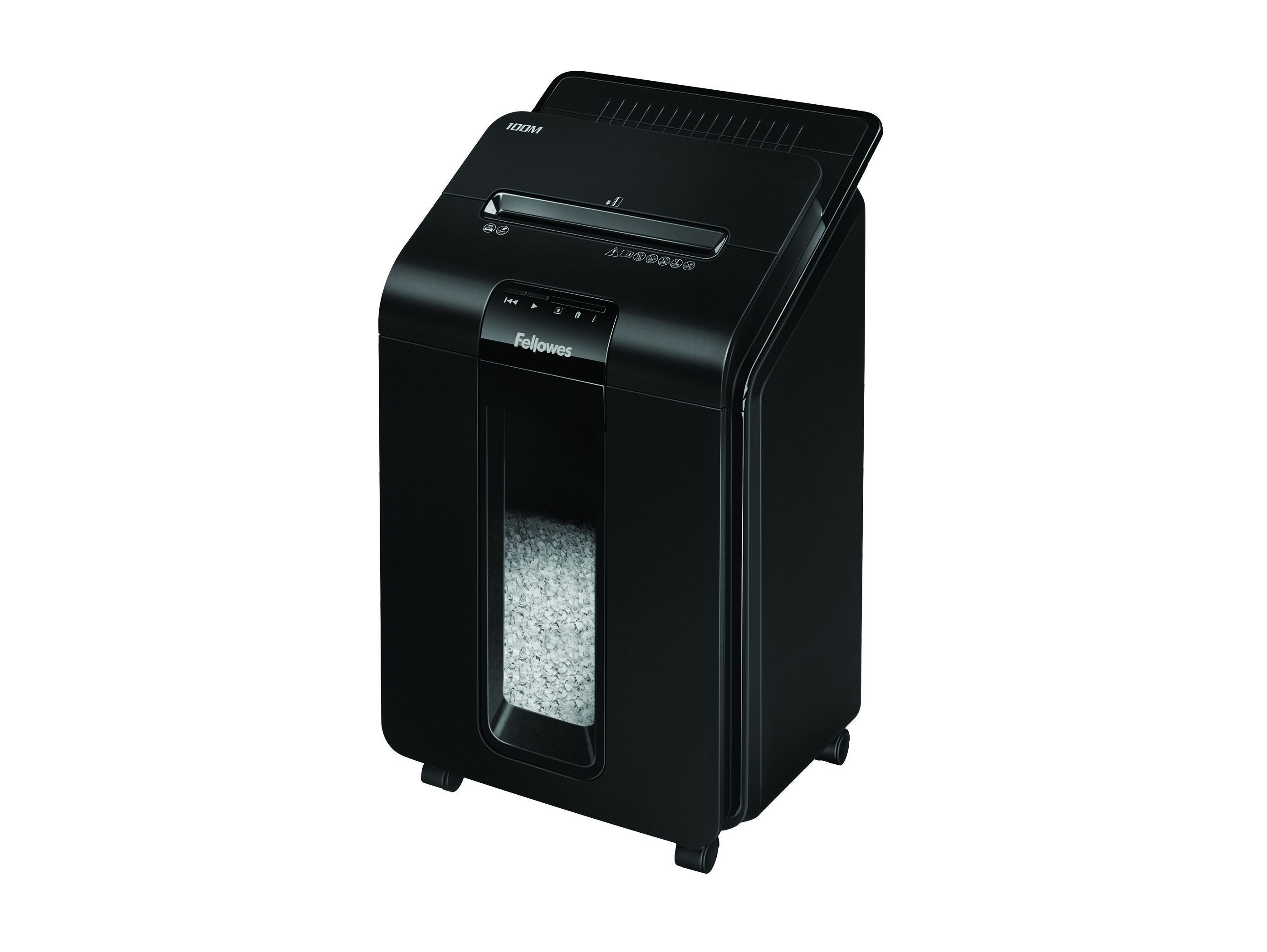 Czarna niszczarka do papieru. Ma górny otwór do ładowania i okno do wglądu w pocięty papier.