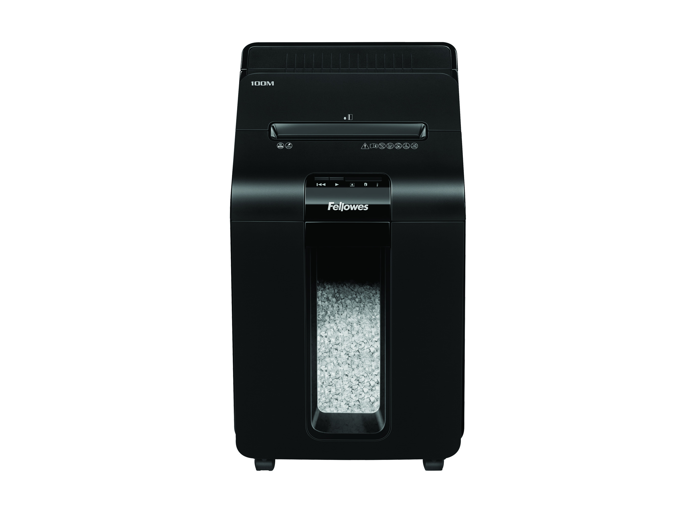 Czarna niszczarka do papieru. Niszczarka ma przezroczyste okno do oglądania pociętego papieru w środku.