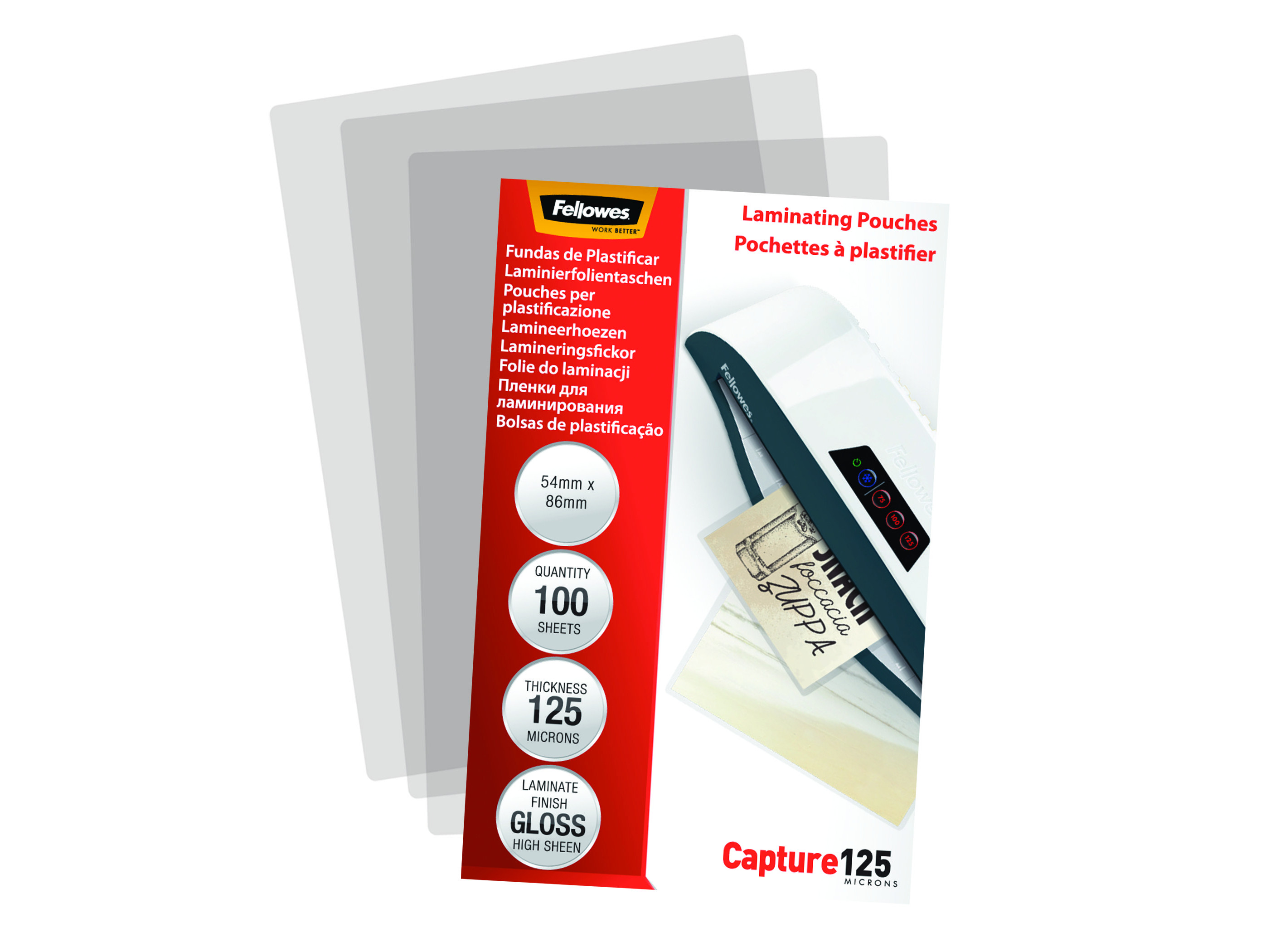 Verpackung für Laminierfolien, mit Folienmustern und Laminator.