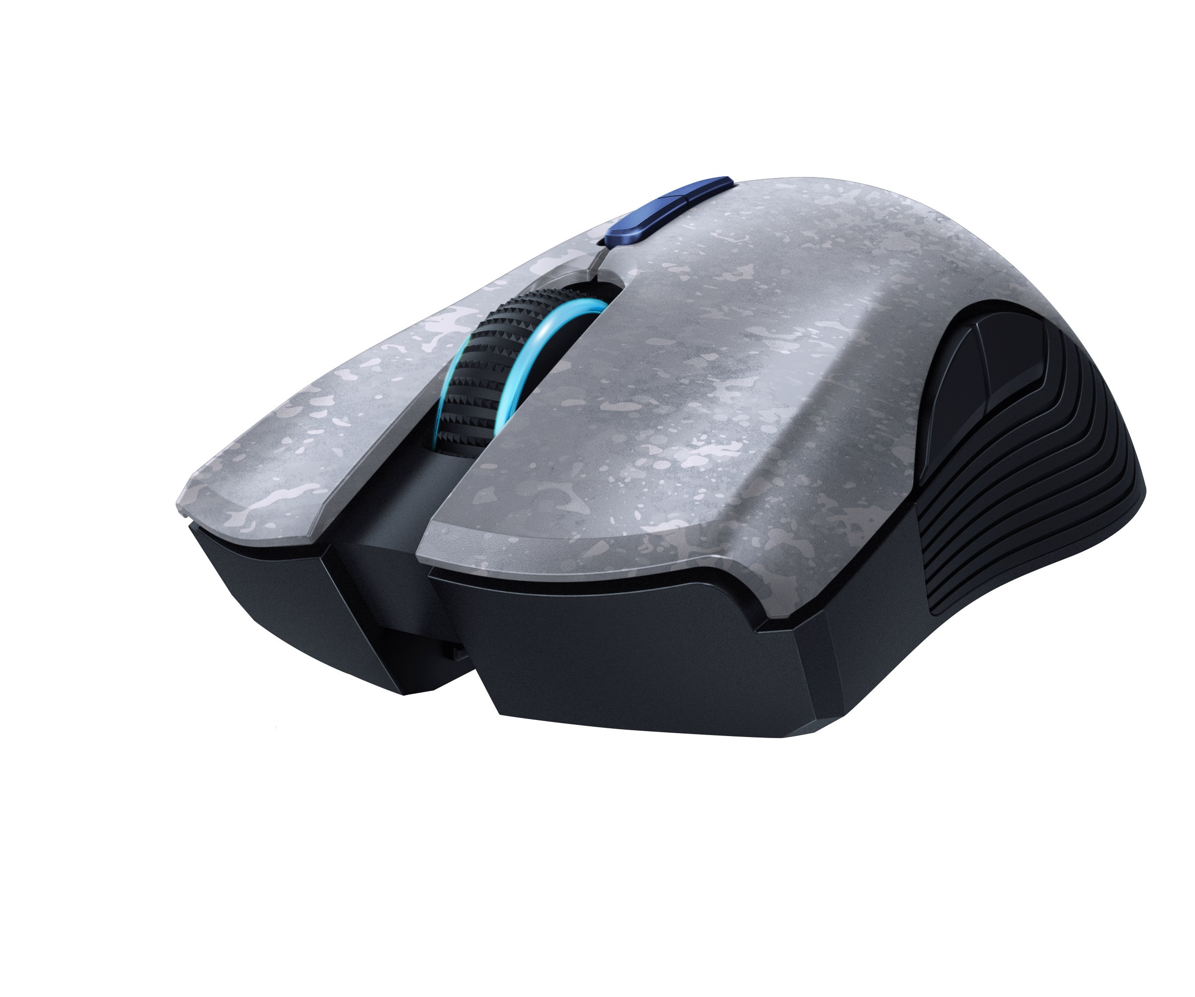 Mysz w kamuflażu z niebieskim światłem na kółku przewijania.