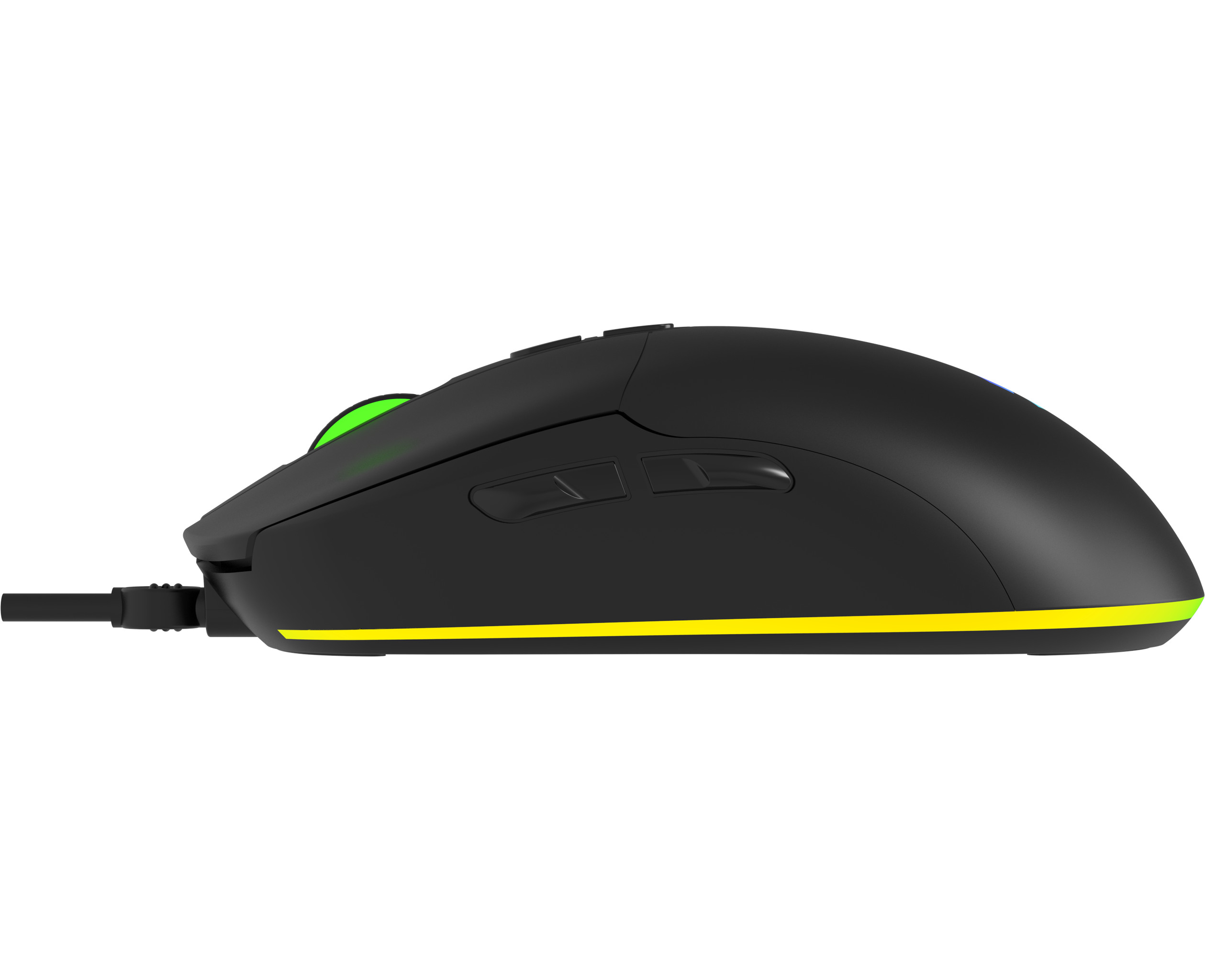 Schwarze Gaming-Maus mit gelben Zierleisten und einem grünen Akzentlicht. Sie hat Seitentasten.
