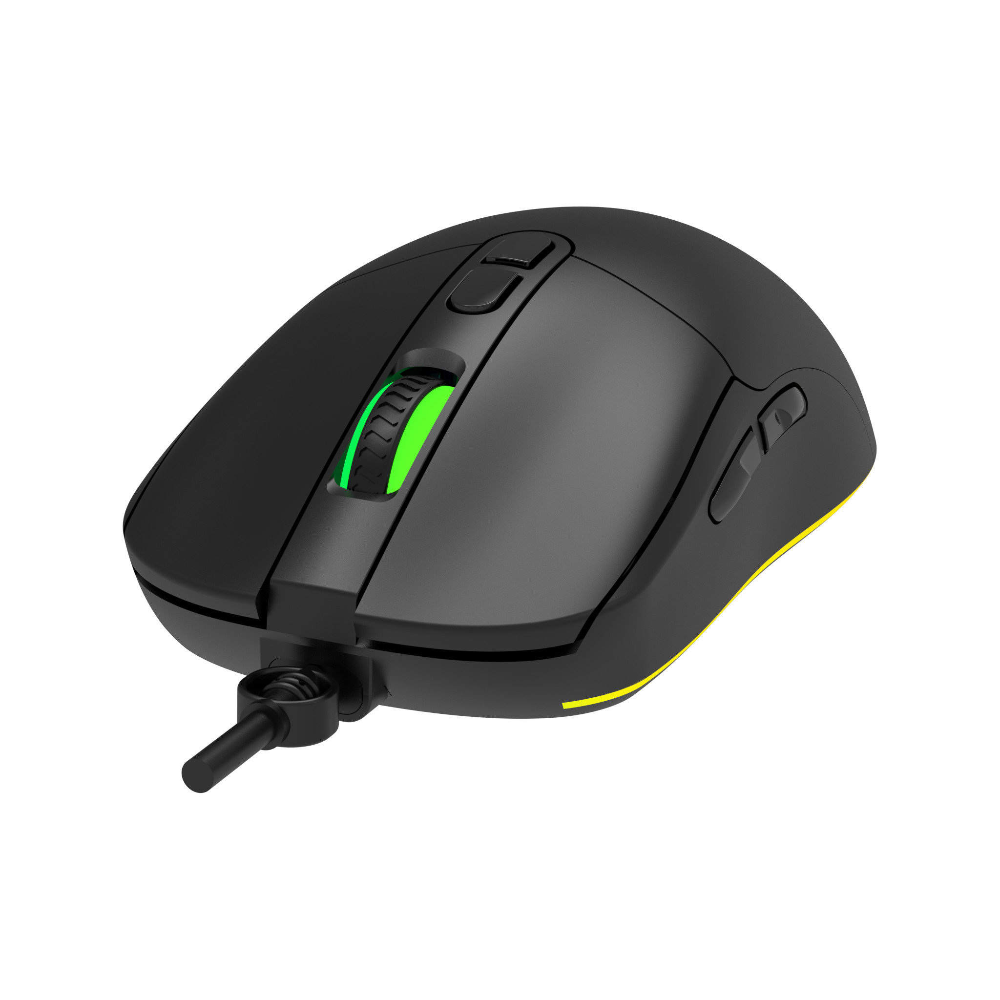 Eine schwarze Gaming-Maus mit grünem Scrollrad und Seitentasten, schräg auf weißem Grund.
