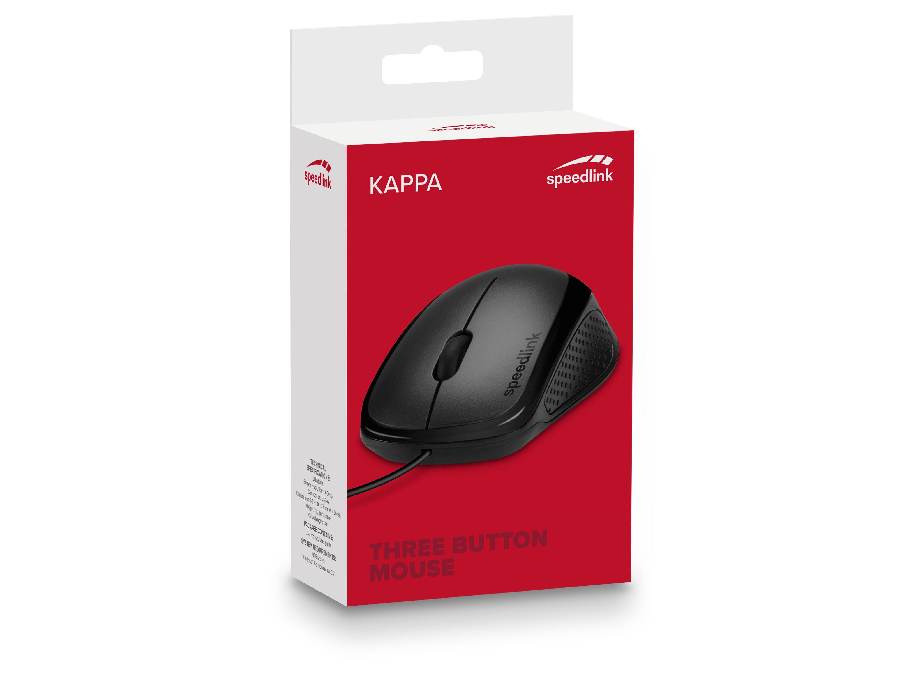 Souris d'ordinateur noire dans une boîte rouge et blanche. La boîte dit Kappa et Speedlink. Fond blanc.
