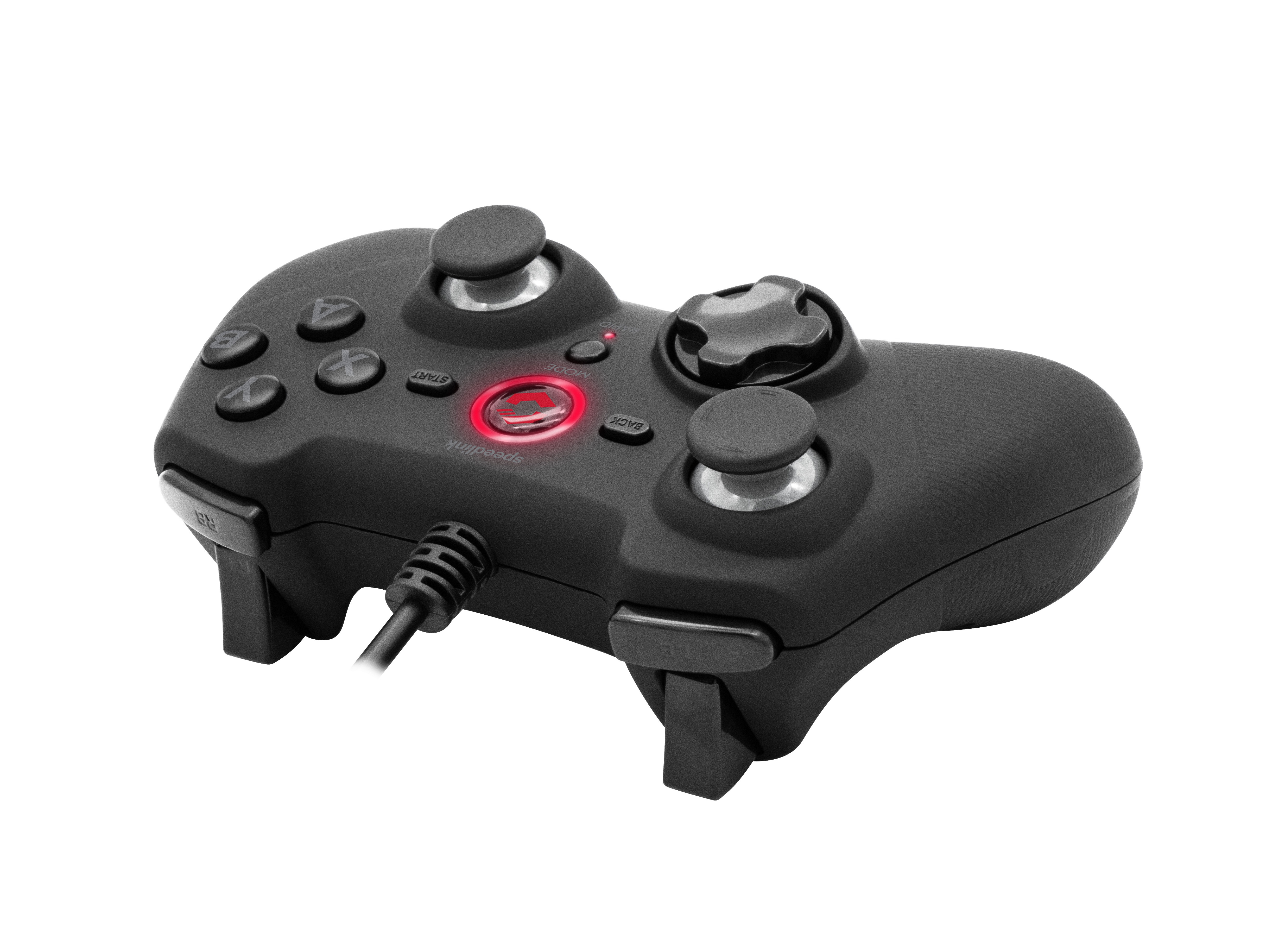 Czarny gamepad Speedlink z wieloma przyciskami i czerwonym podświetlanym środkiem, na białym tle.