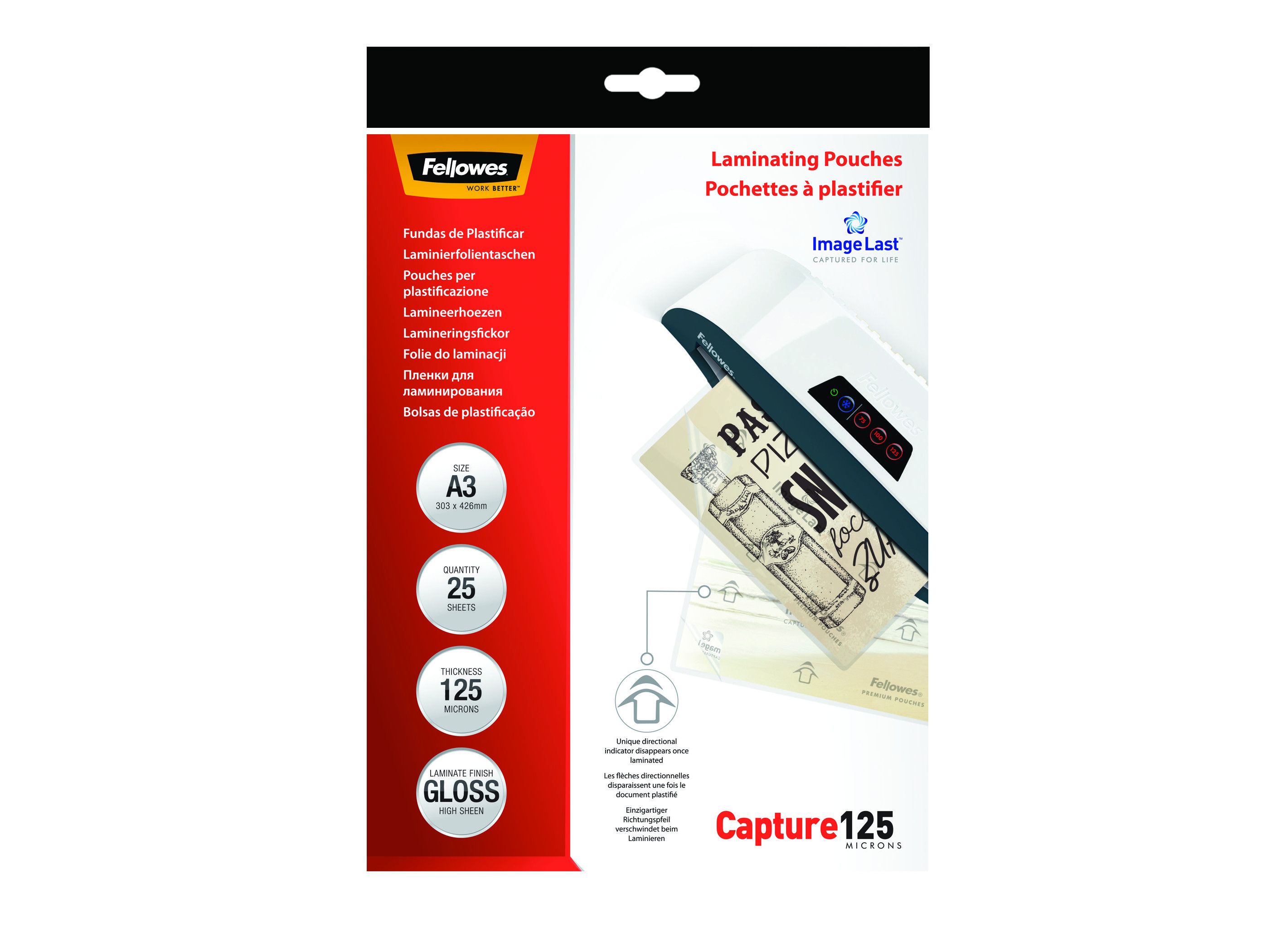Verpackung für Laminierfolien mit Text und Bildern, darunter ein Laminiergerät und ein laminiertes Objekt.