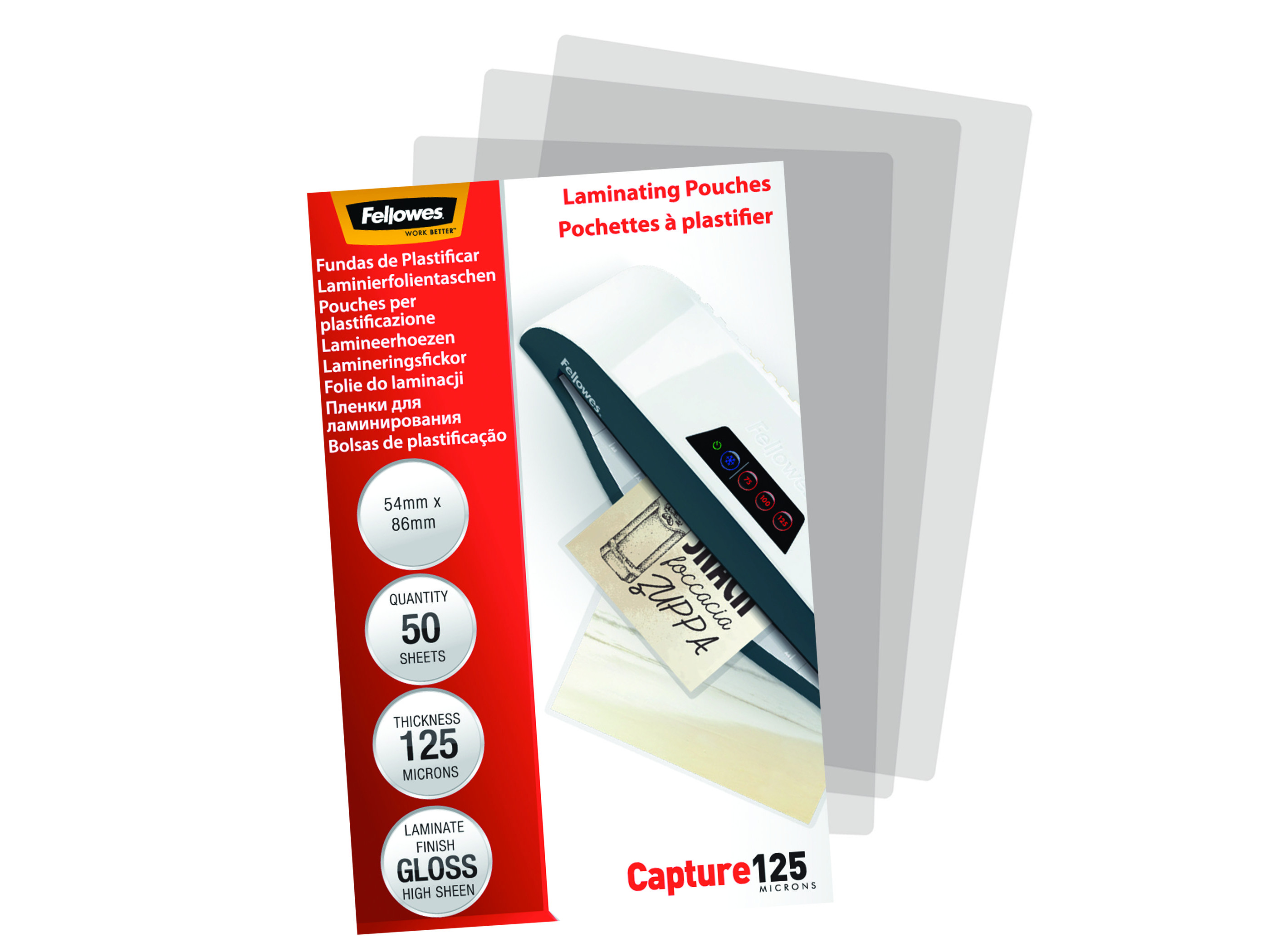 Laminierfolienverpackung mit einem Laminiergerät und einem Blatt mit einem laminierten Dokument.