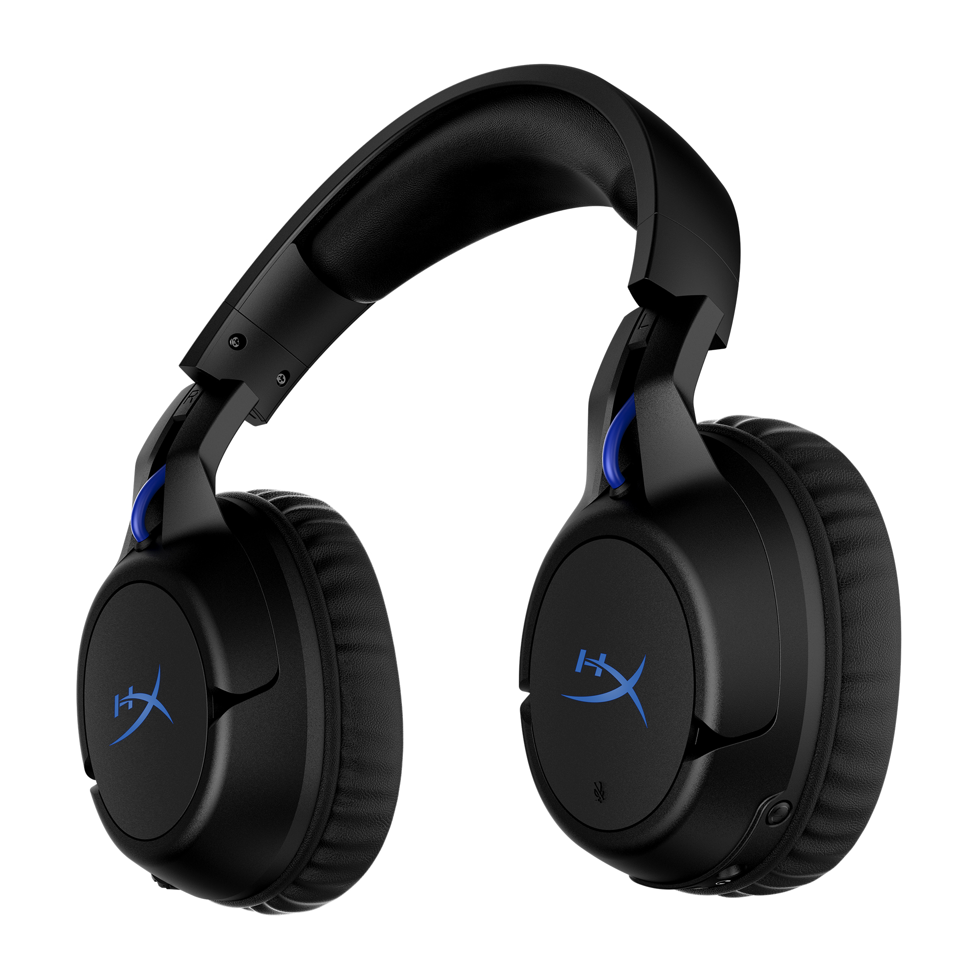 Schwarze Kopfhörer mit blauen Akzenten, Mikrofon und HyperX-Logo.