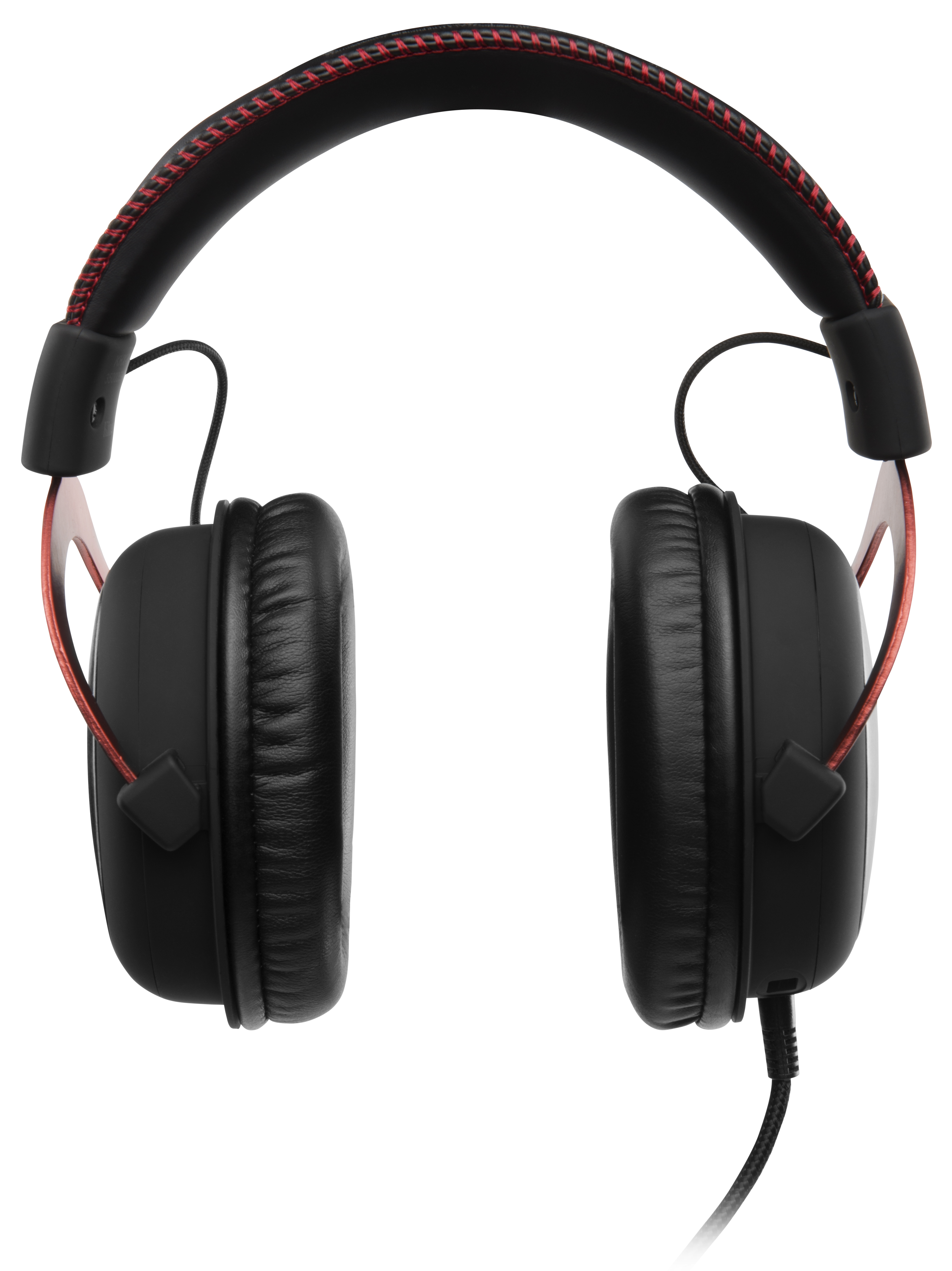 Auriculares gaming negros y rojos. Con auriculares grandes y diadema acolchada. Cable visible.