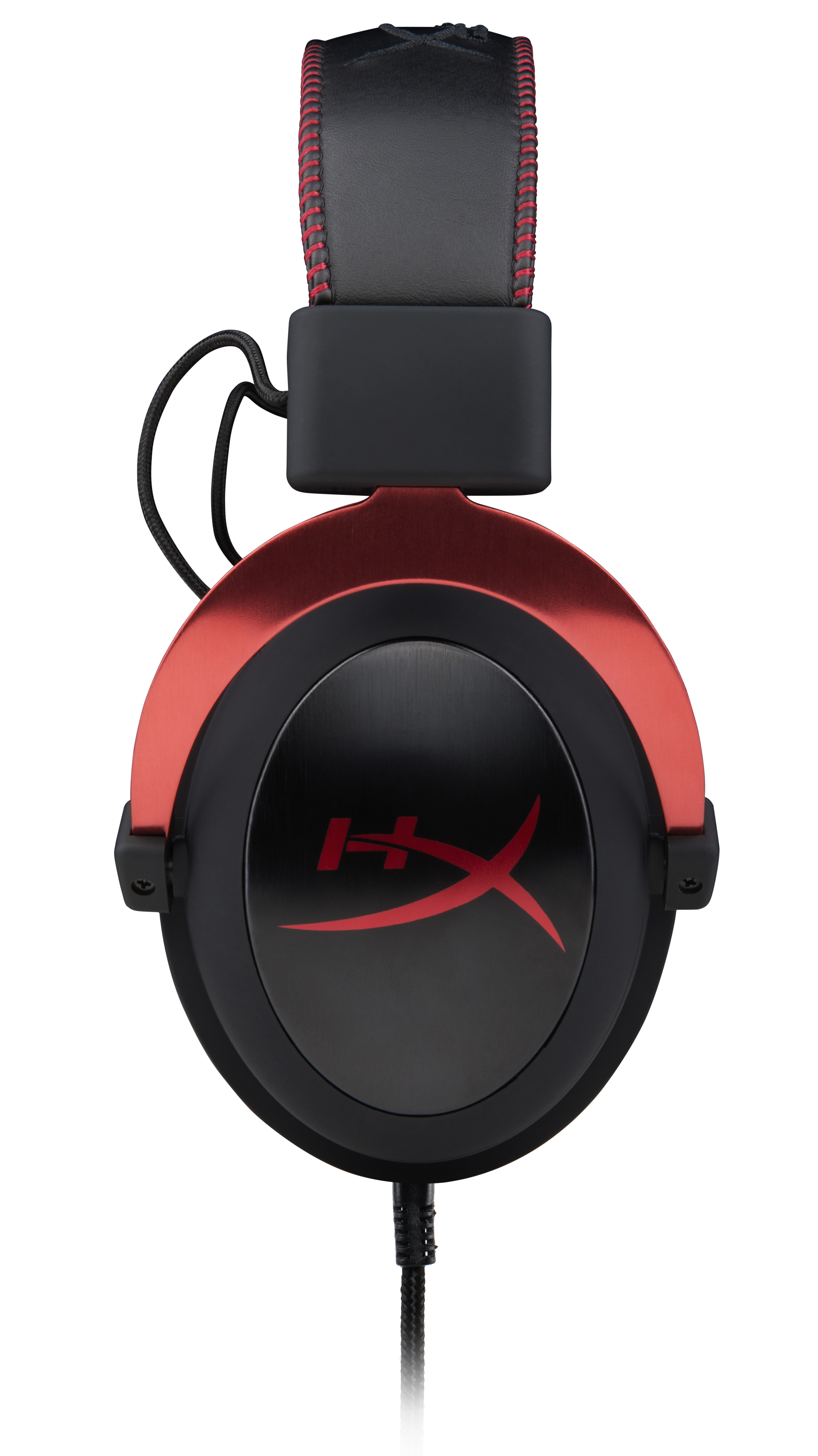 Auriculares para juegos HyperX rojos y negros. Auriculares negros, detalles rojos y cable negro. Fondo blanco.