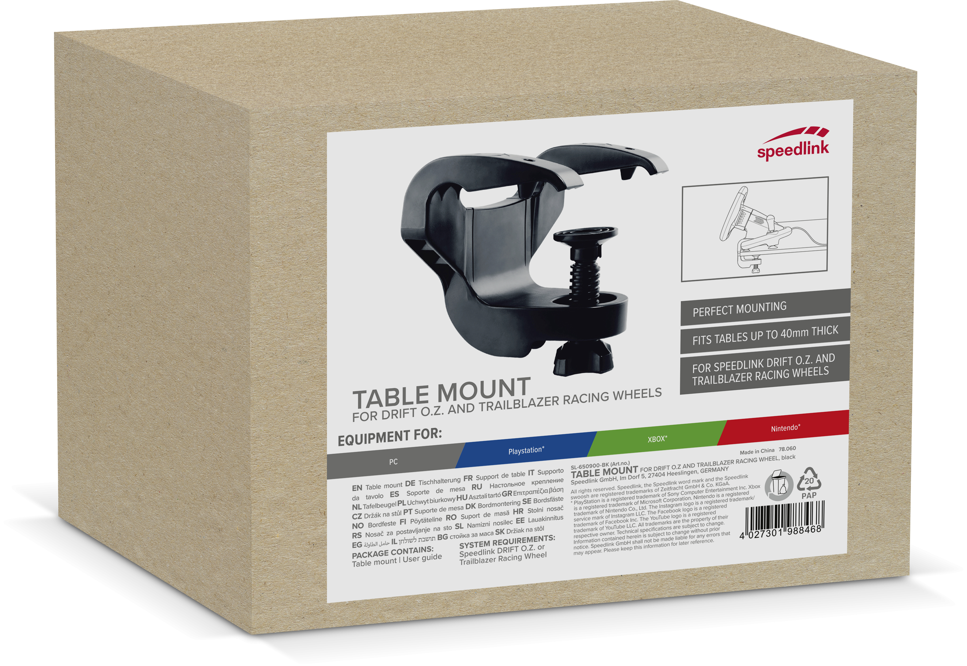 A cardboard box labeled as a table mount for a racing wheel, with various languages.