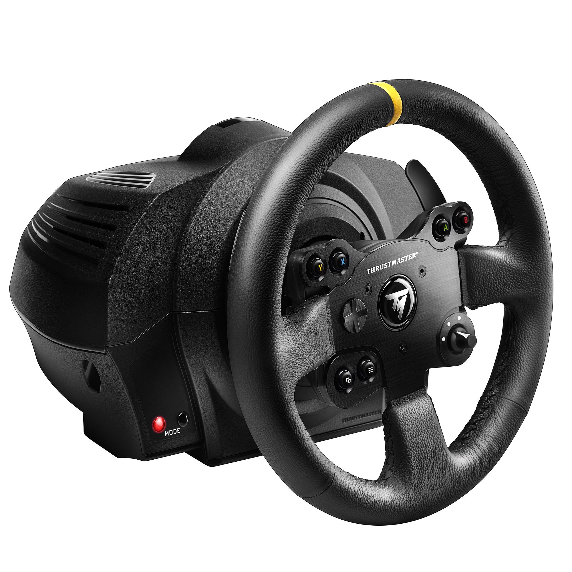 Volante de carreras negro Thrustmaster con franja amarilla. Botones en el volante. Luz de modo roja. Incluye base.