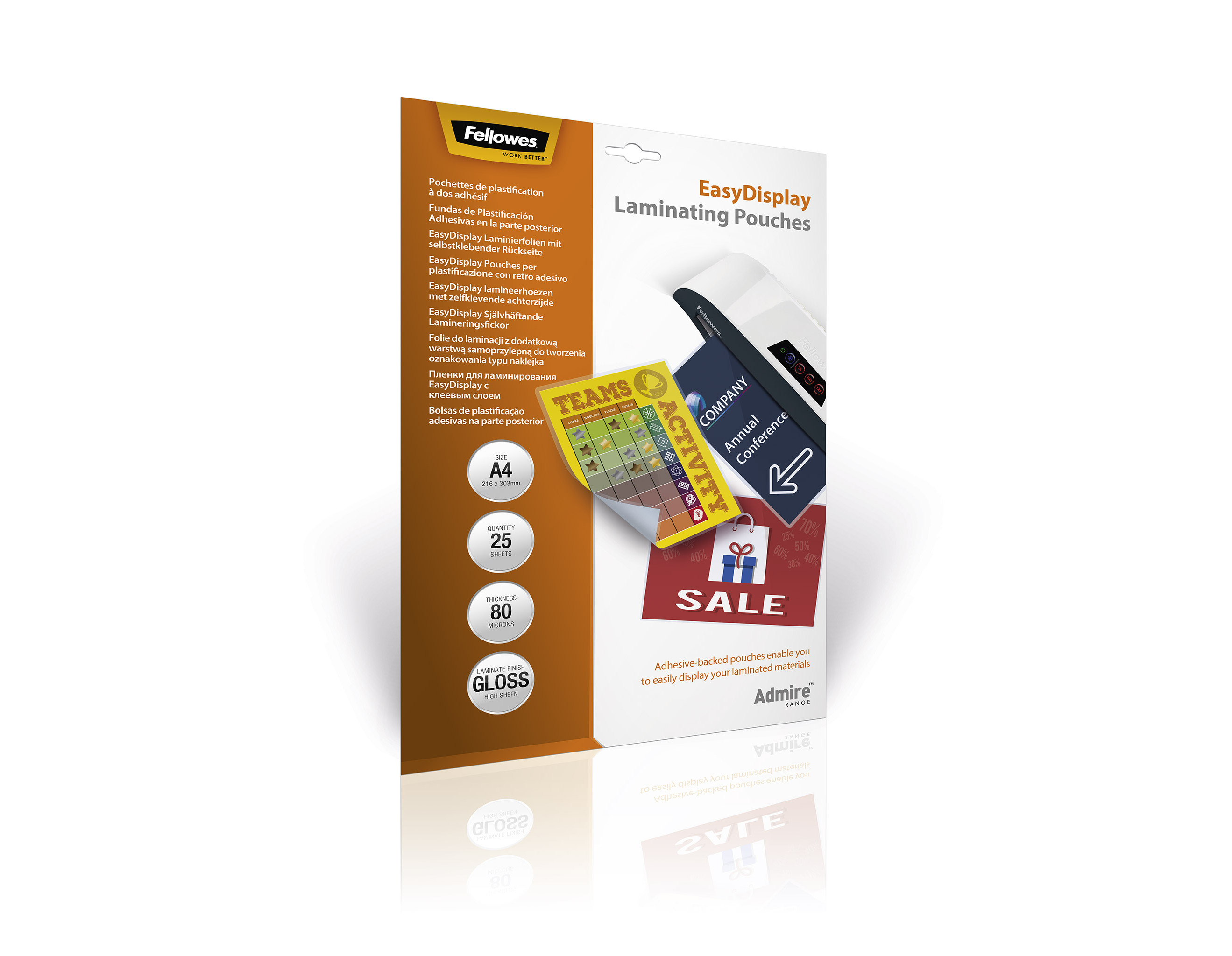 Laminierfolien-Verpackung mit Produktdetails. Weißer Hintergrund.