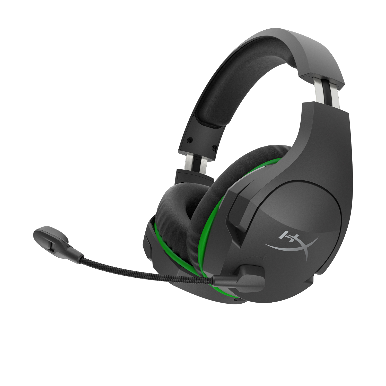 Schwarzes und grünes Gaming-Headset auf weißem Hintergrund mit Mikrofon.