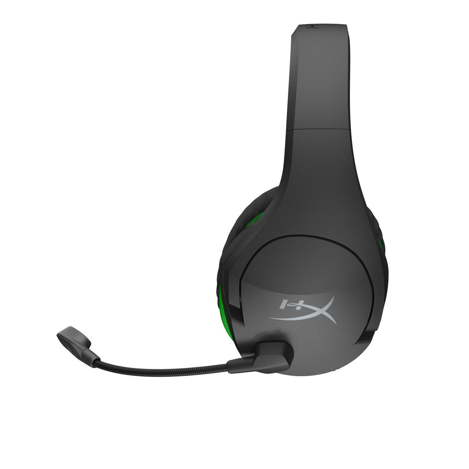 Schwarzes und grünes Gaming-Headset. Mikrofon angebracht. Weißer Hintergrund.