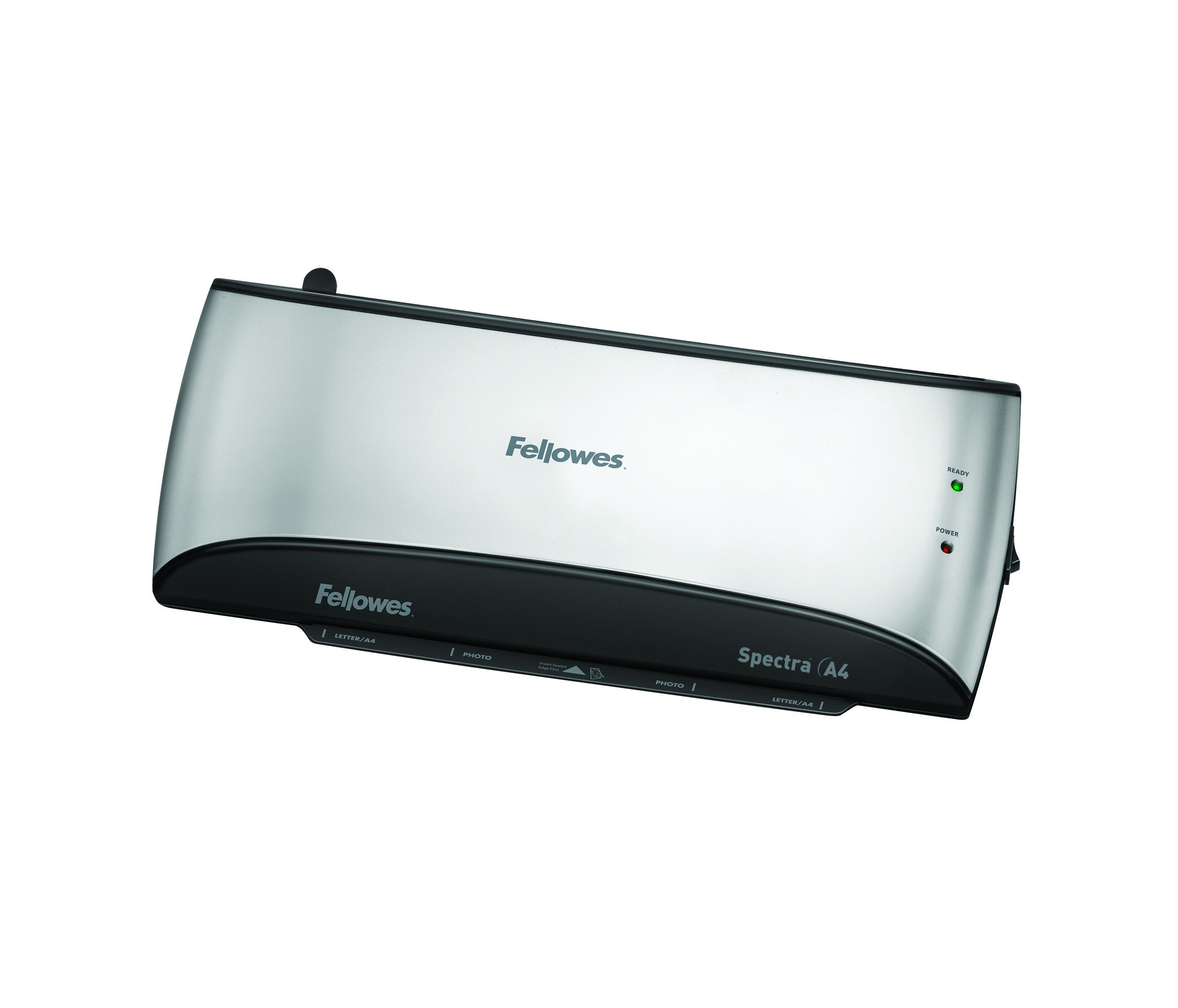 Srebrno-czarna laminarka Fellowes Spectra A4 na białym tle.