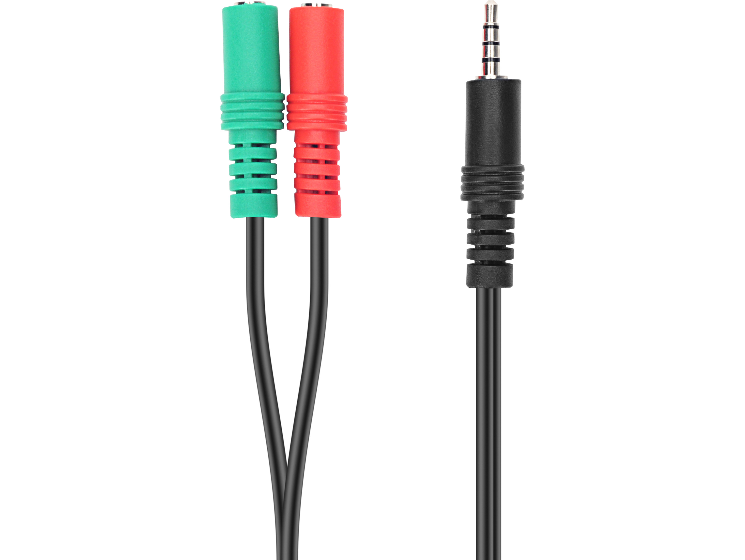 Grünes und rotes Audiokabel mit Stecker.