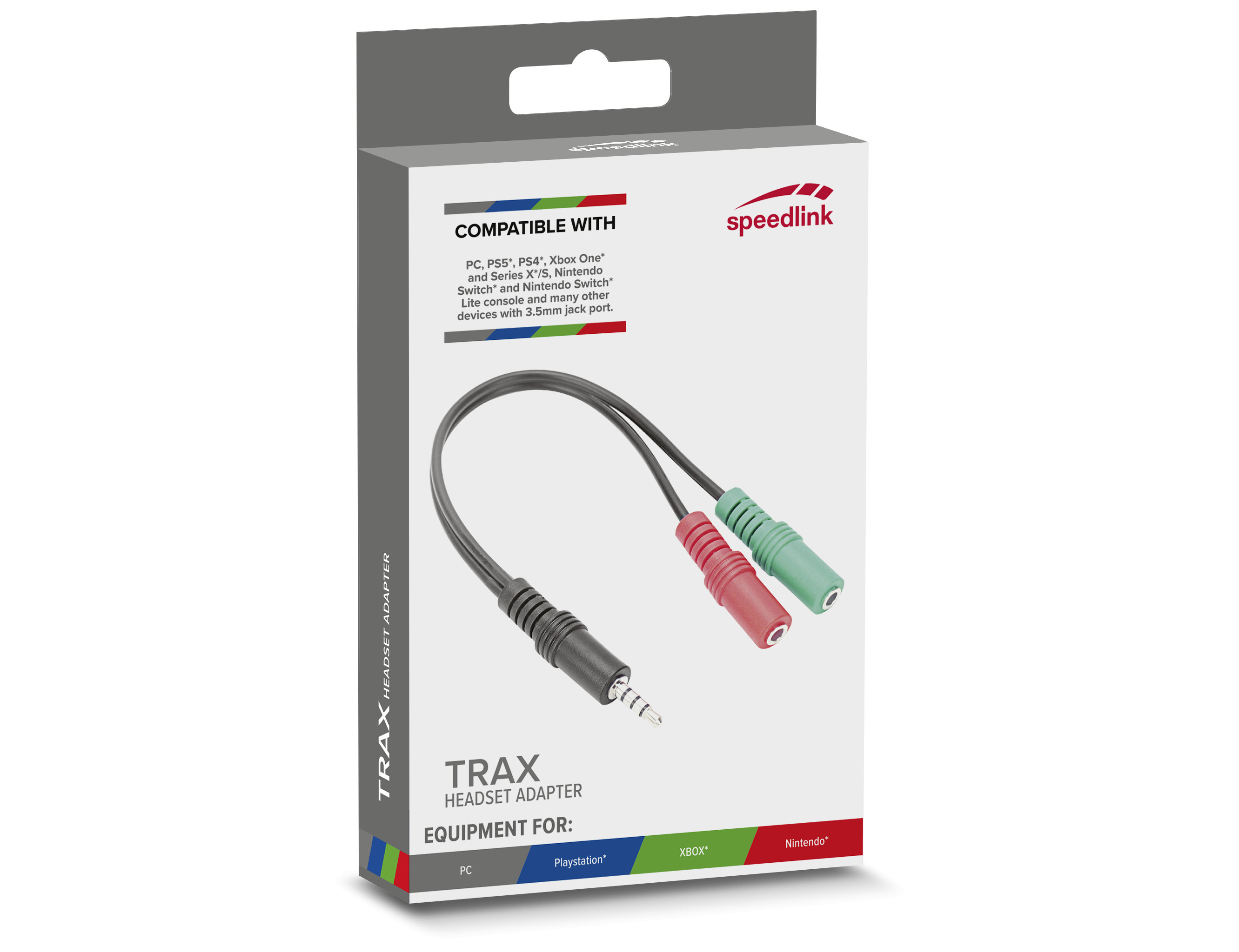 Eine Headset-Adapterbox. Text: Trax Headset-Adapter. Kompatibel mit PC, PS5, PS4, Xbox One und Nintendo Switch.