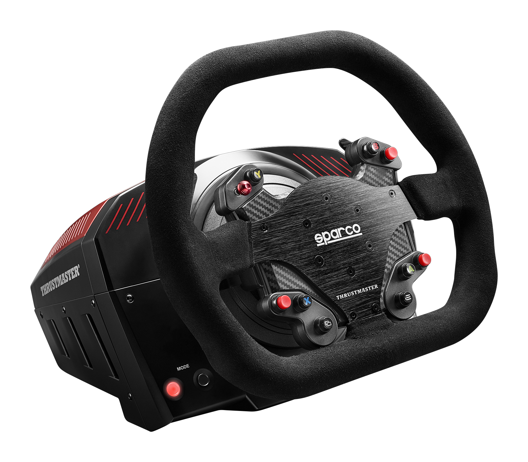 Volante de carreras negro y rojo con borde de gamuza negra. Botones y logotipos visibles.