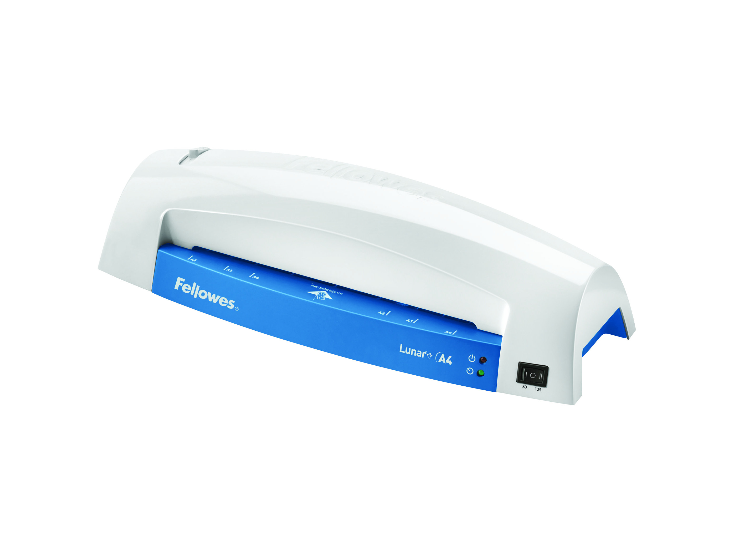 Weiß-blauer Fellowes Lunar A4 Laminator. Hat Knöpfe und einen Ein/Aus-Schalter.