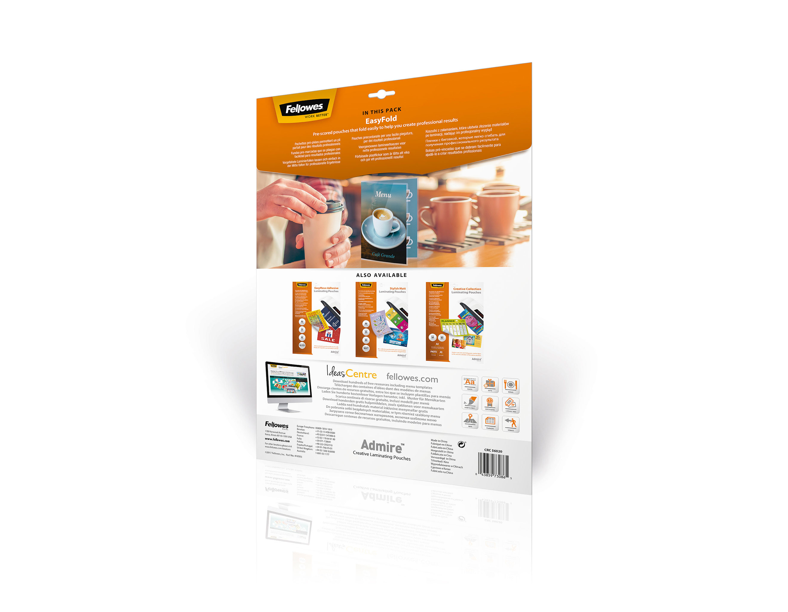 Rückseite des Werbematerials. Bilder von Produkten, Text und ein Logo.