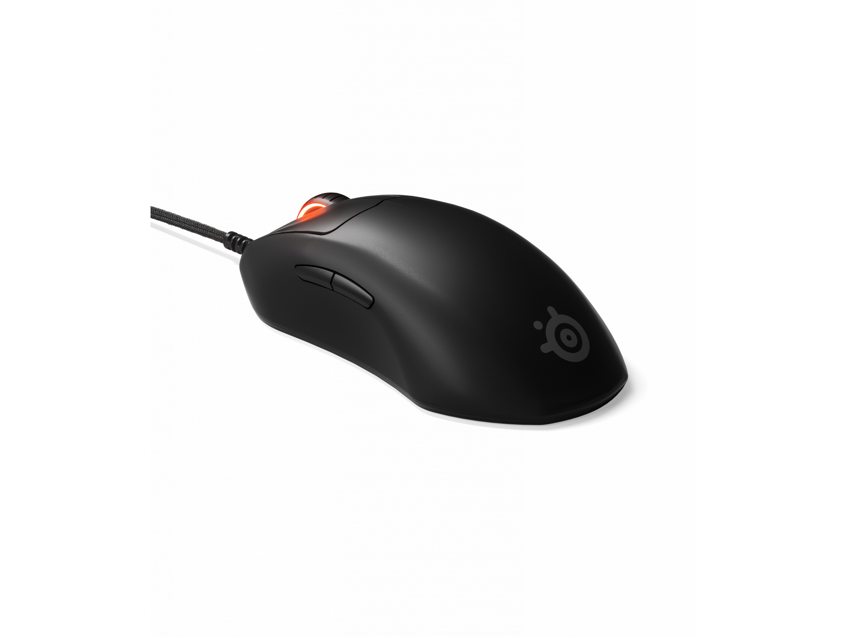 Mouse da gioco nero con due pulsanti e una rotella arancione. Sfondo bianco.