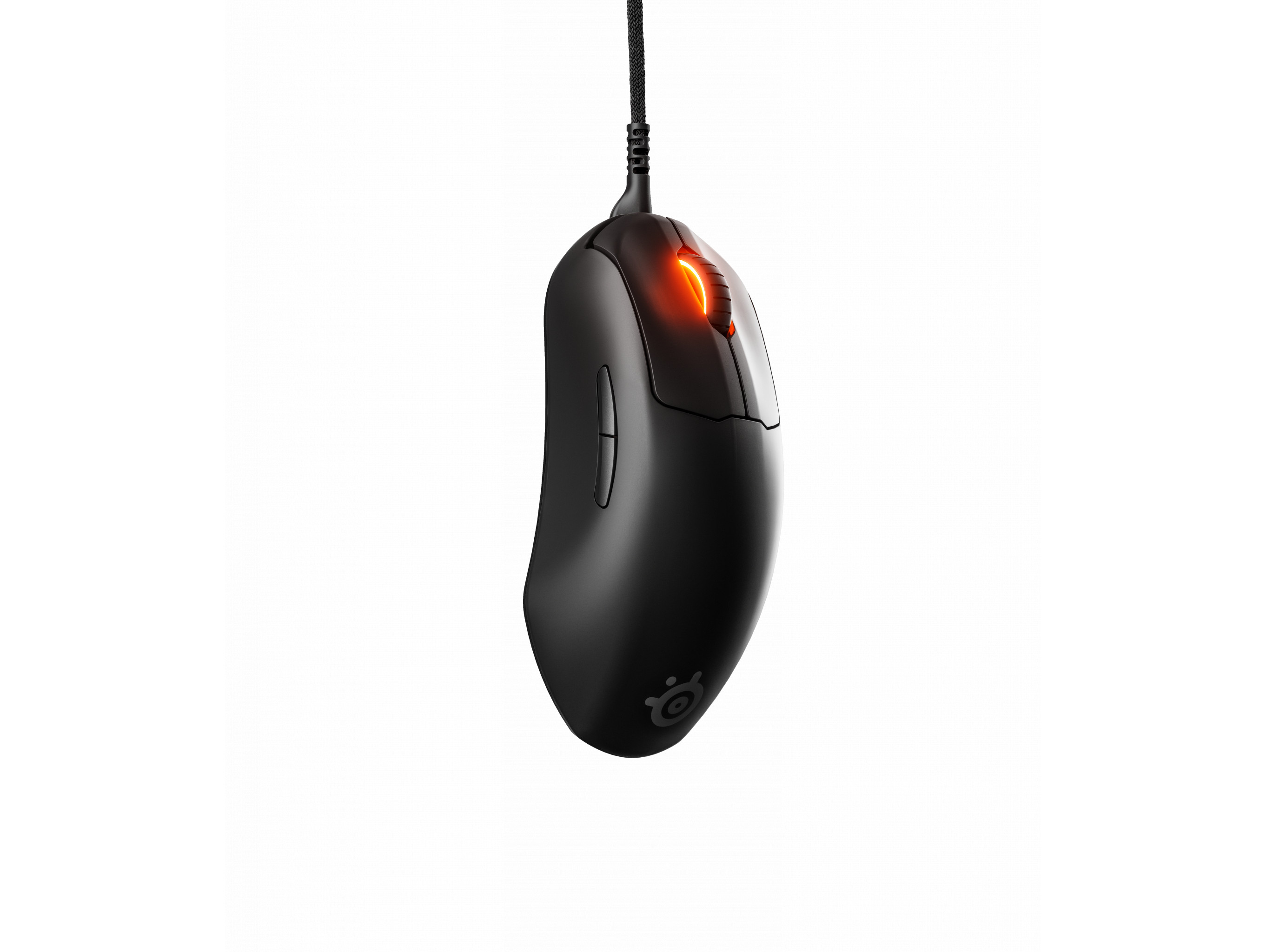 Un mouse da gaming nero con rotella luminosa arancione e cavo nero.