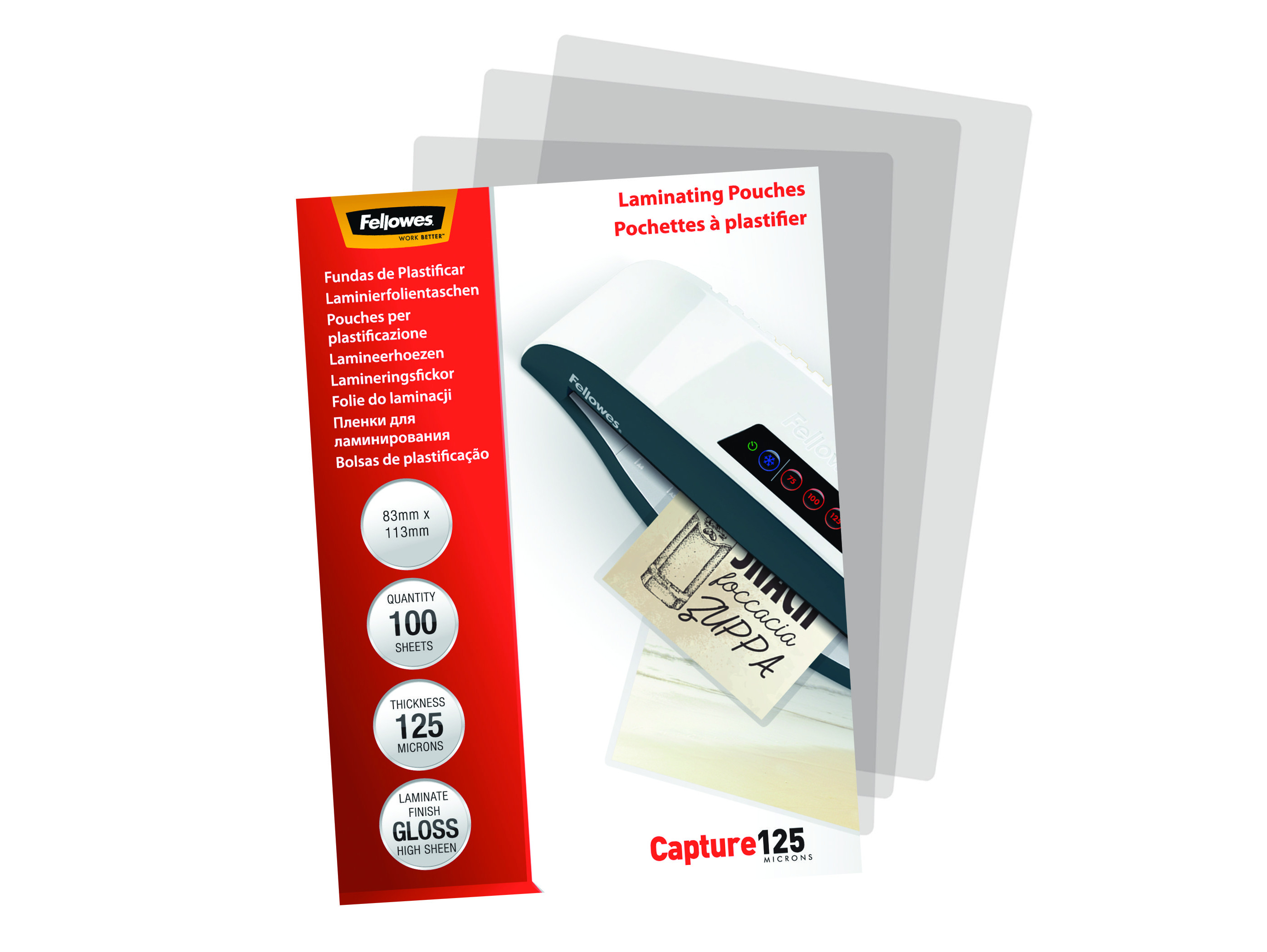 Eine Packung Fellowes Laminierfolien mit einem kleinen Musterartikel auf weißem Hintergrund.