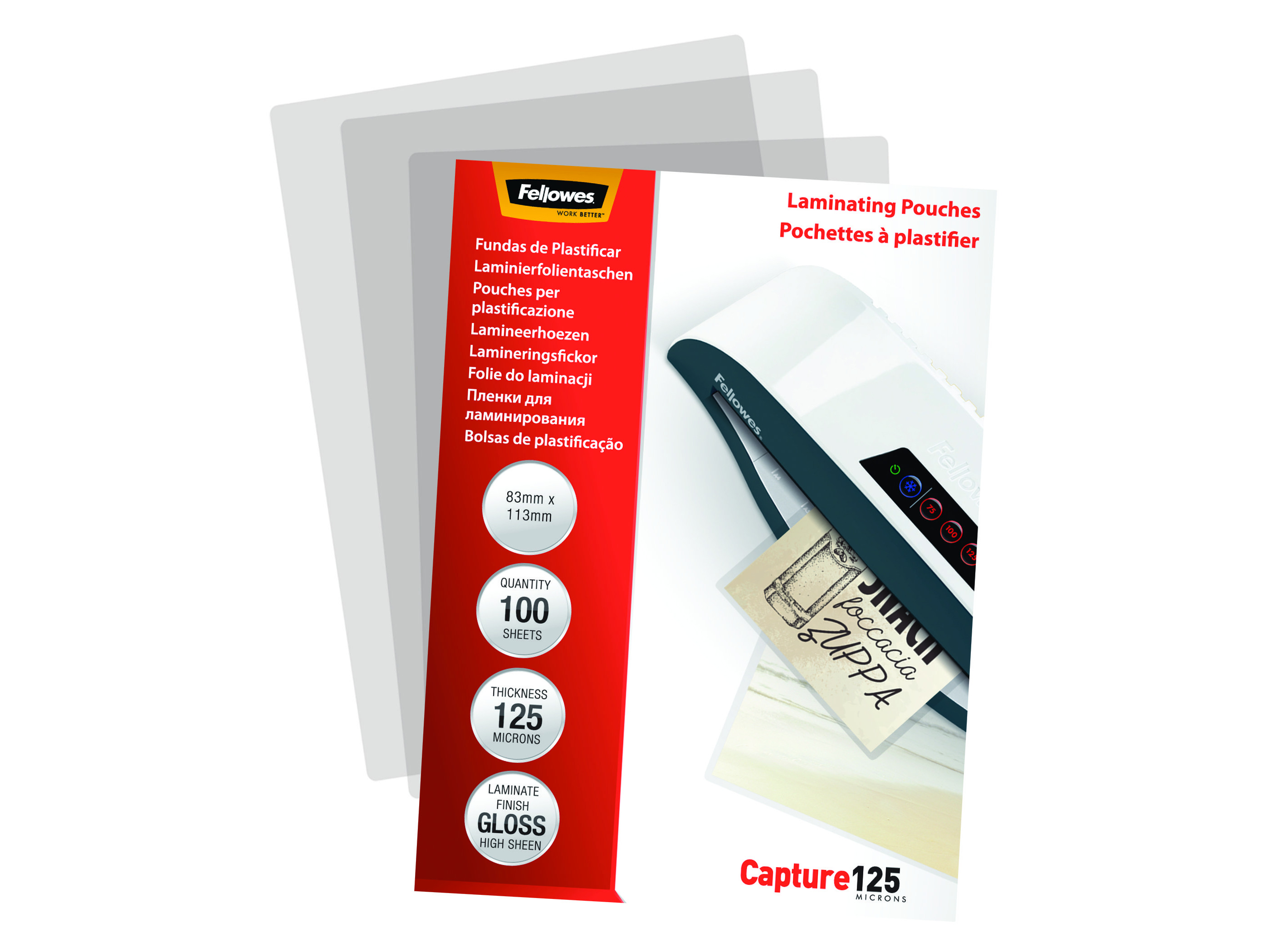 Verpackung für Laminierfolien mit Text und Bildern, mit Laminierfolien und einem Laminiergerät.