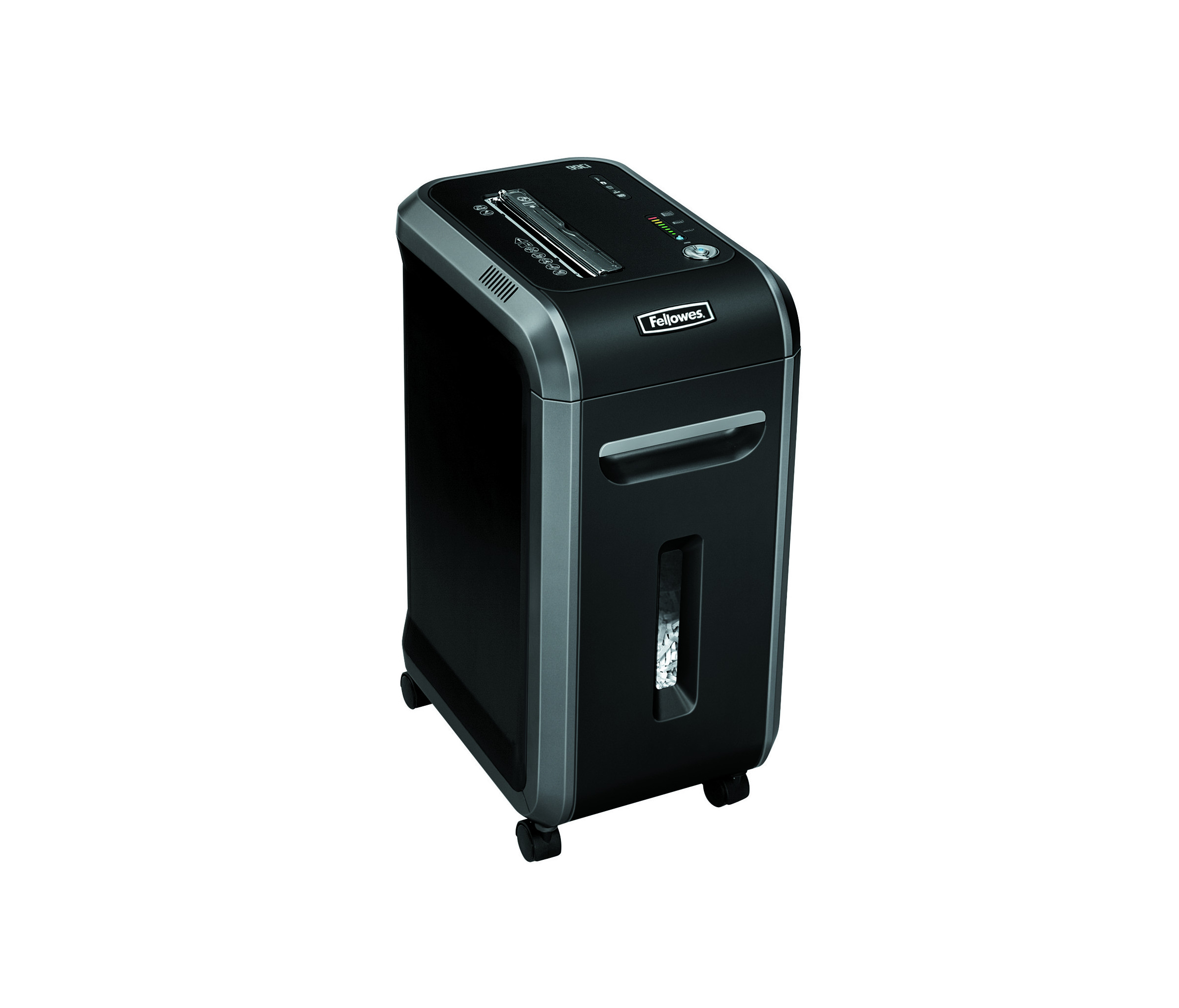 Czarna niszczarka do papieru z koszem, na kółkach. Logo Fellowes z przodu.