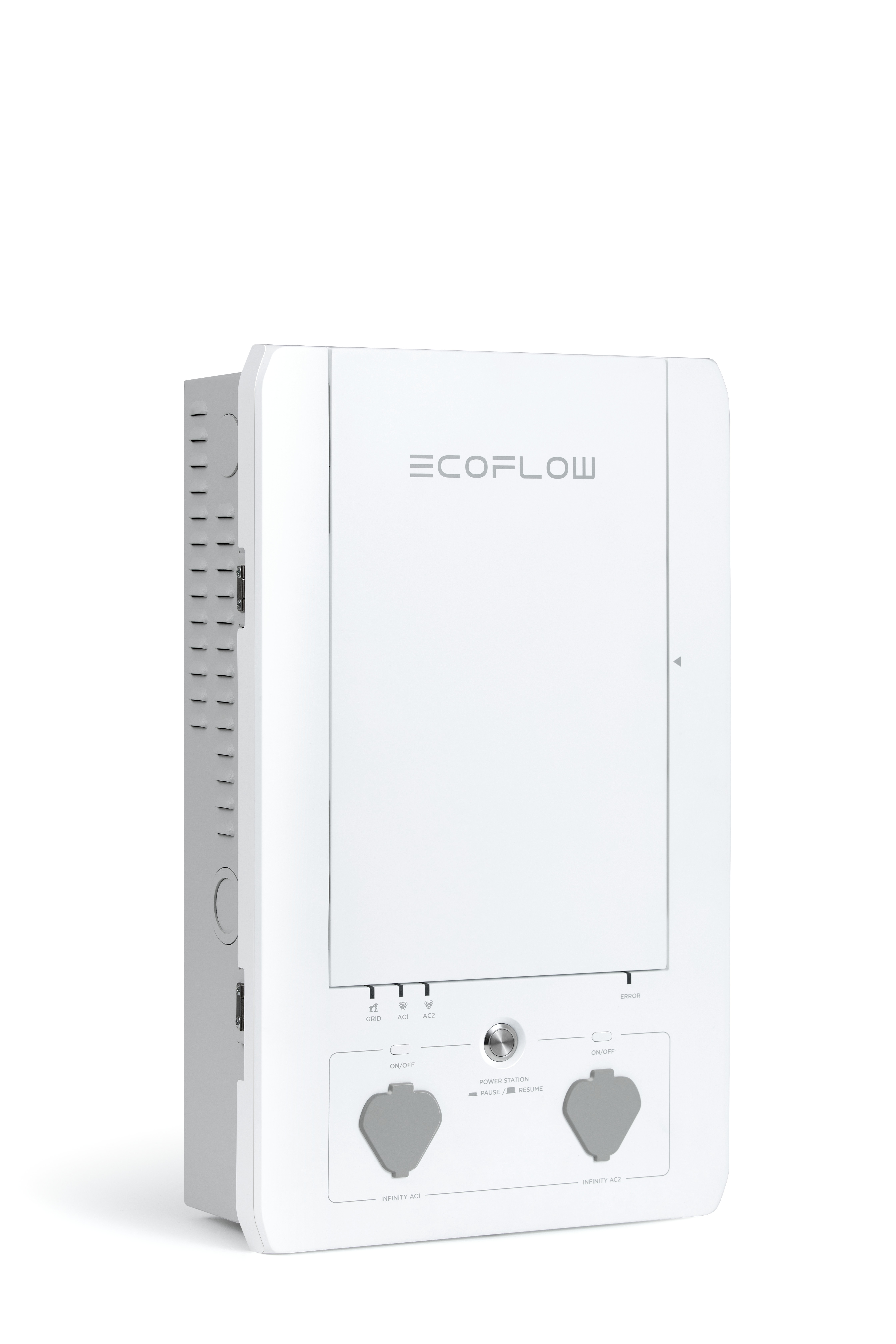 Eine weiße Ecoflow-Stromstation mit zwei Steckdosen und einem Netzschalter, vor weißem Hintergrund.