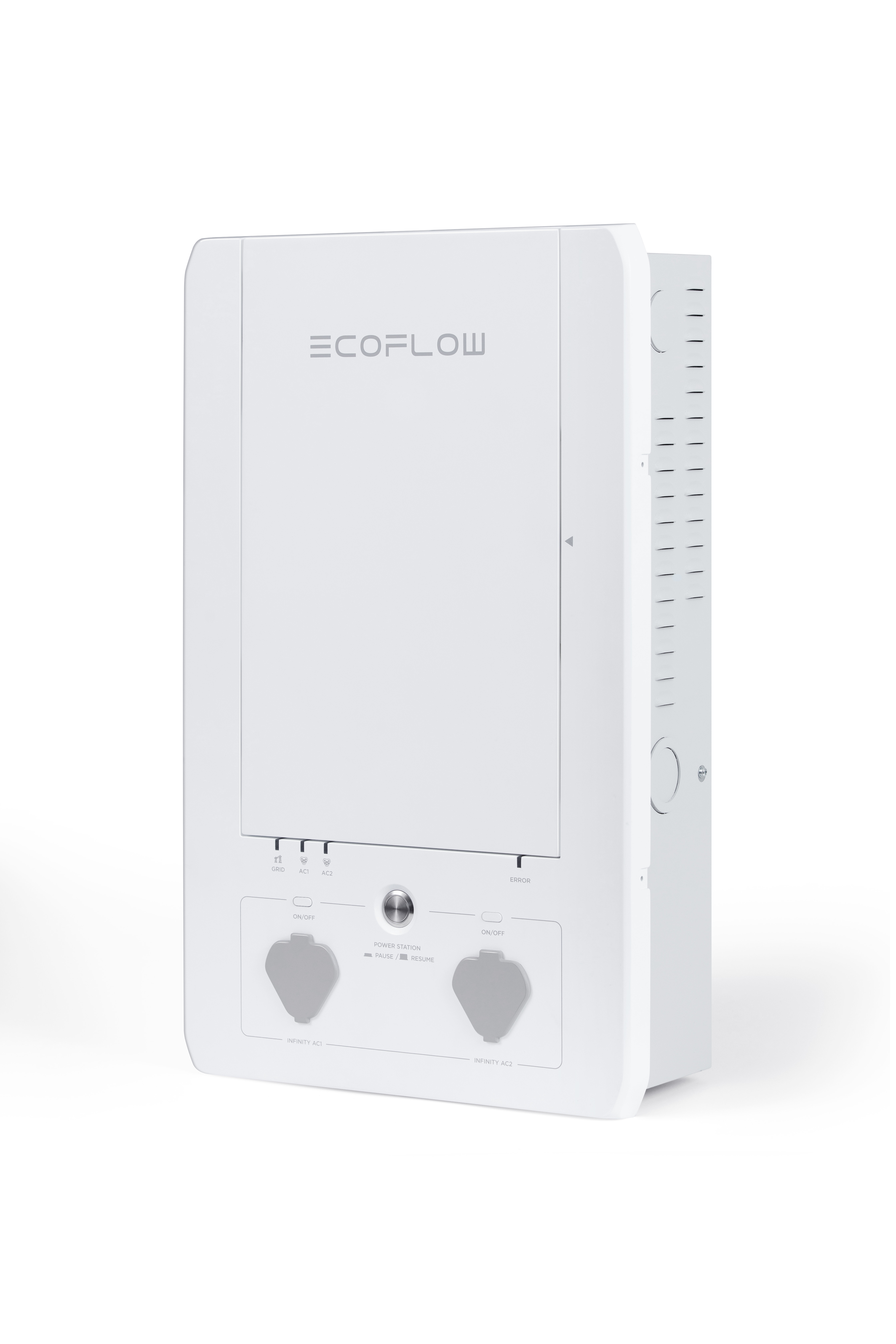 Weiße ECOFLOW-Powerstation. Verfügt über zwei Ausgänge und eine Digitalanzeige. Isoliert auf weißem Hintergrund.