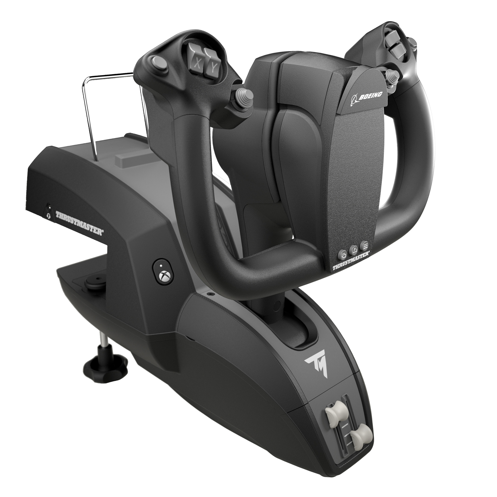 Black and gray flight simulator joystick. Features several buttons and a Boeing logo. White background.