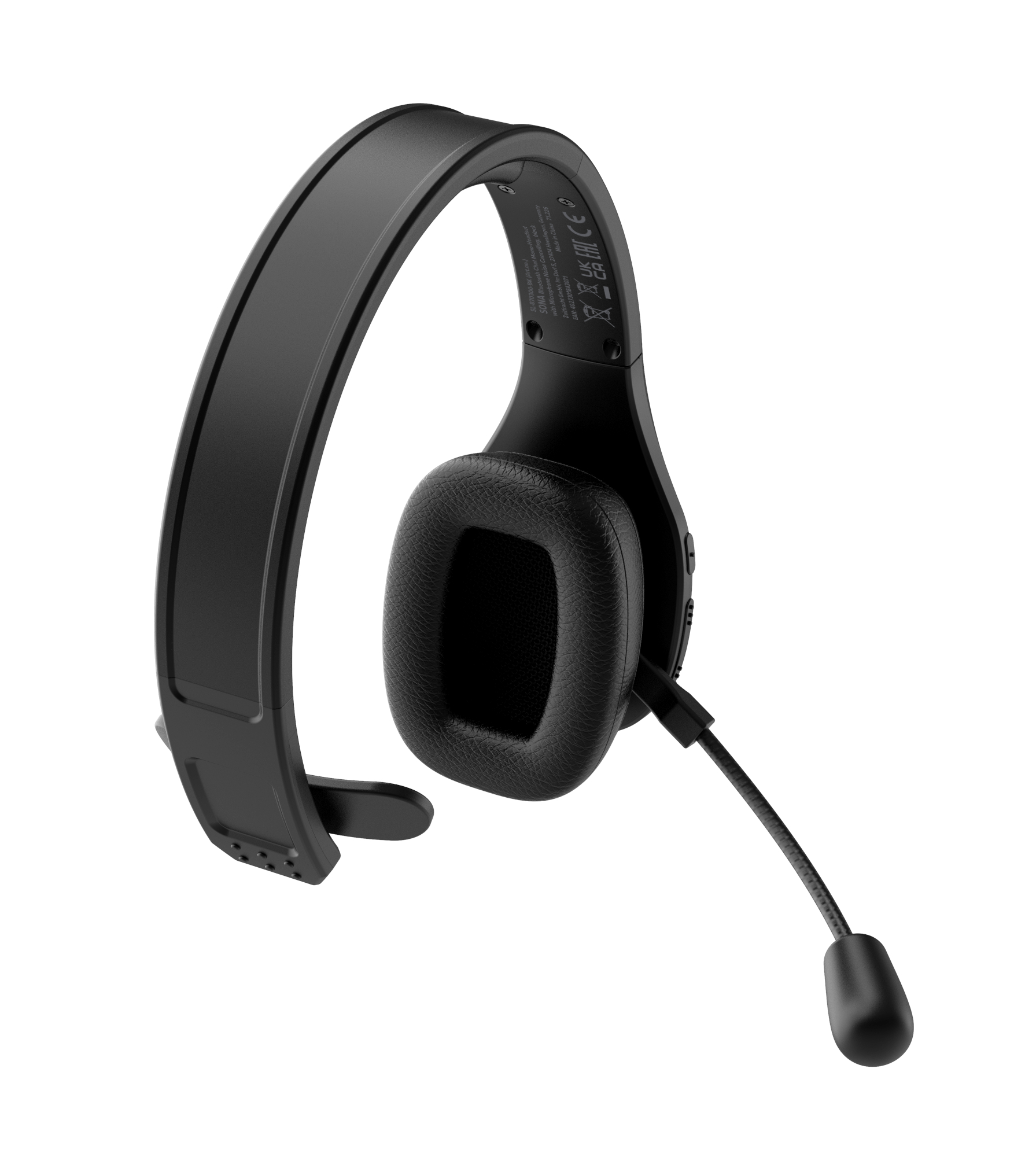 Schwarzes Over-Ear-Headset mit Mikrofon. Das Design ist schlank und modern, mit Fokus auf Komfort und Funktionalität.