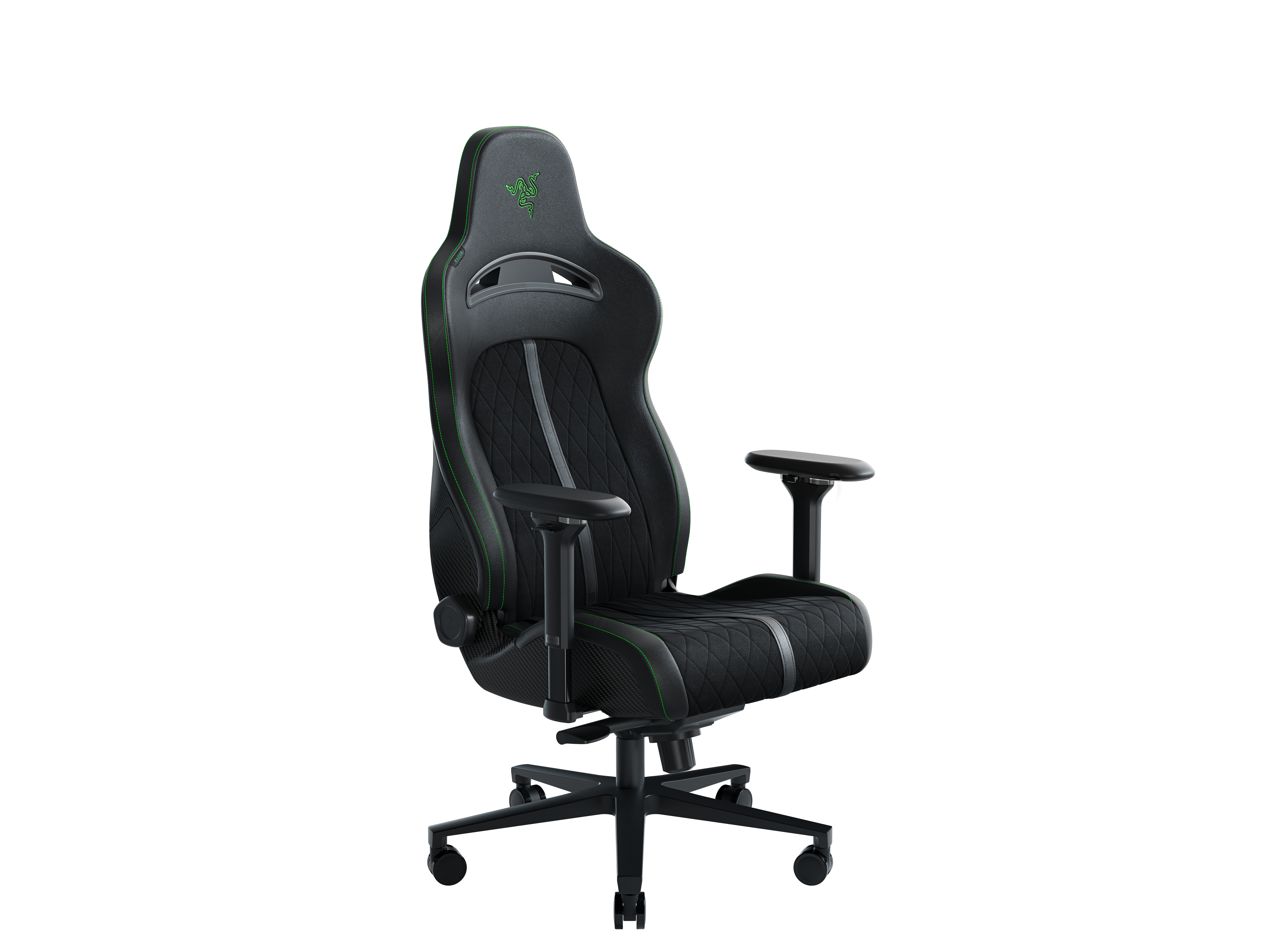 Schwarzer und grauer Gaming-Stuhl mit grünen Akzenten vor weißem Hintergrund.
