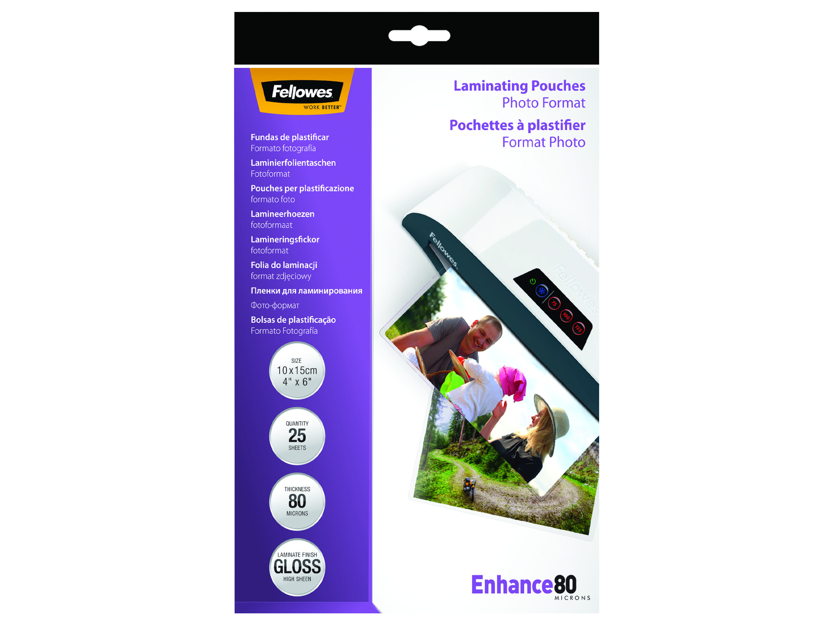 Laminierfolien-Verpackung mit Fotos und Produktinformationen.