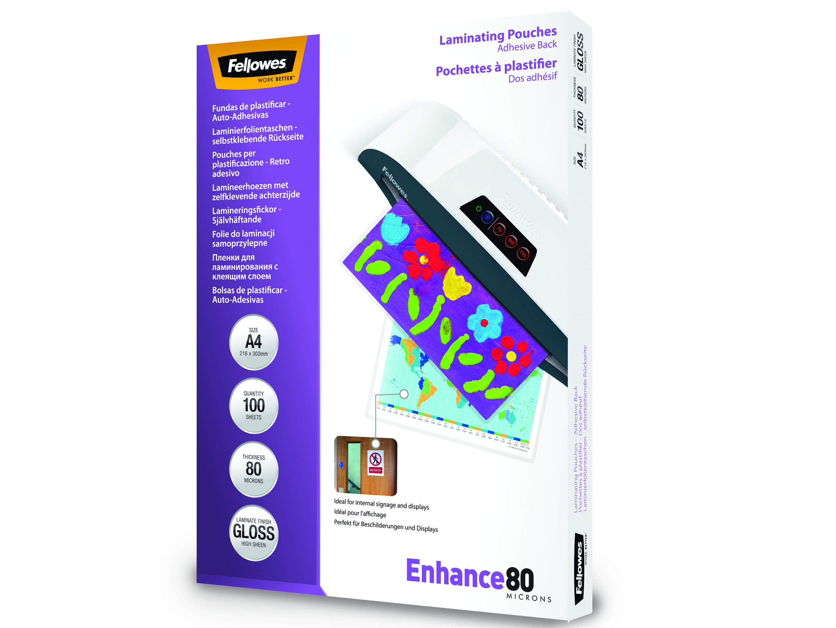 Une plastifieuse avec une boîte de pochettes de plastification. La boîte montre une image de fleurs.