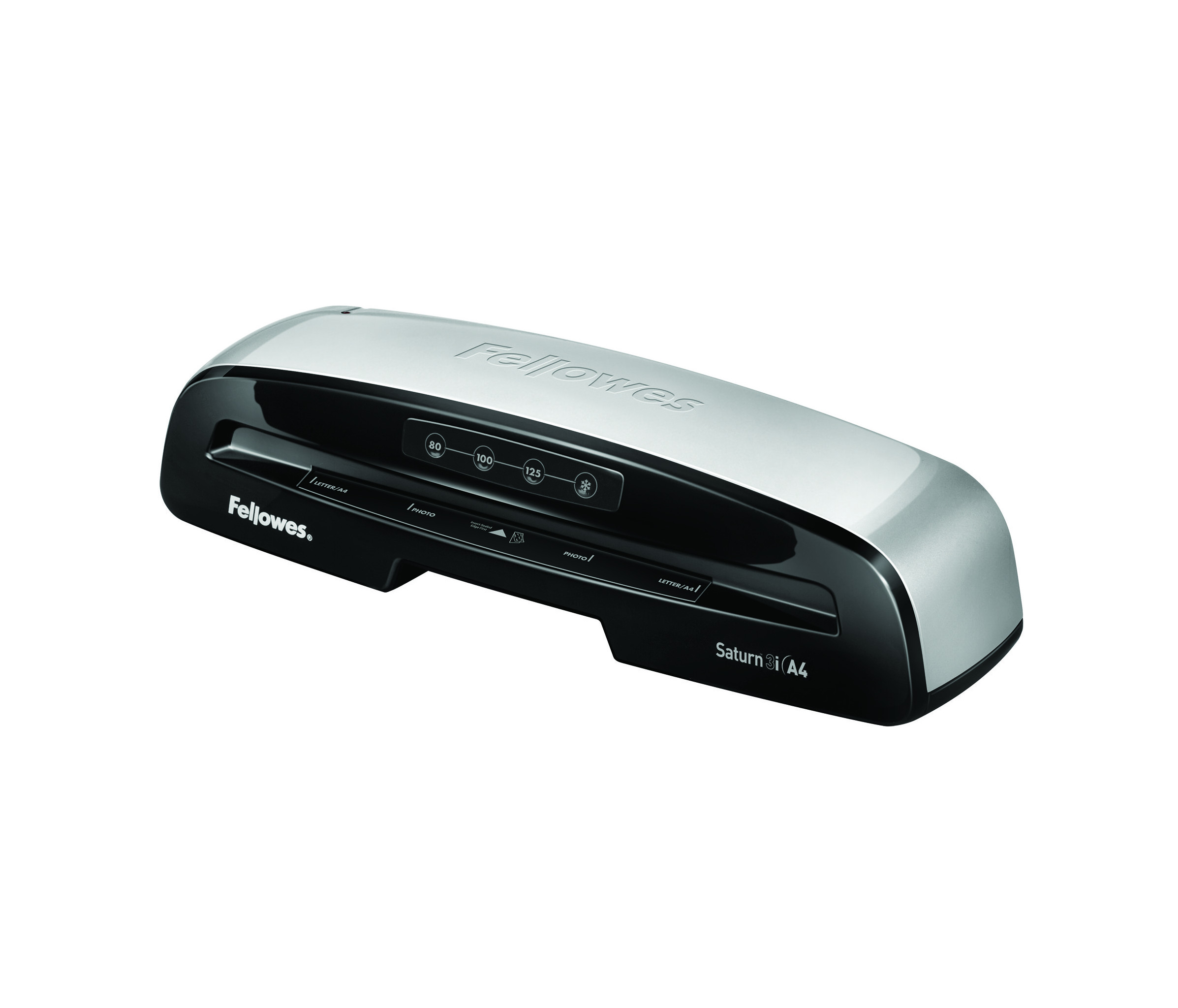 Srebrno-czarna laminarka Fellowes Saturn 3i A4. Ma przycisk włączania/wyłączania i ustawienia.