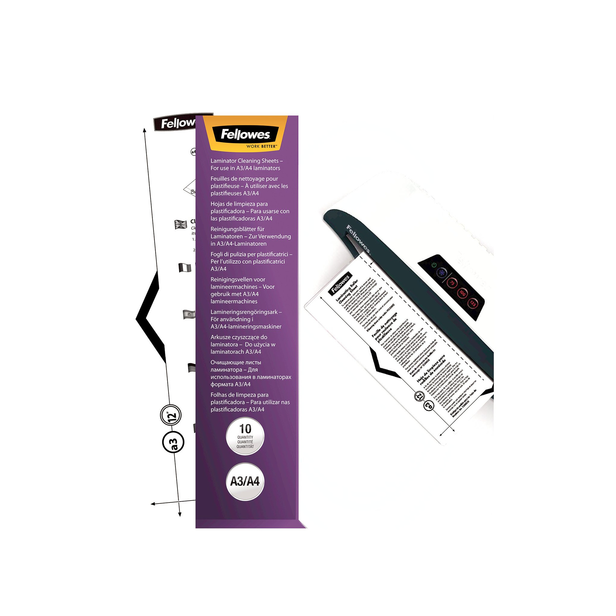 Reinigungstücher für Laminiergerät. Text: Laminator Cleaning Sheets. 10 Tücher in der Packung.
