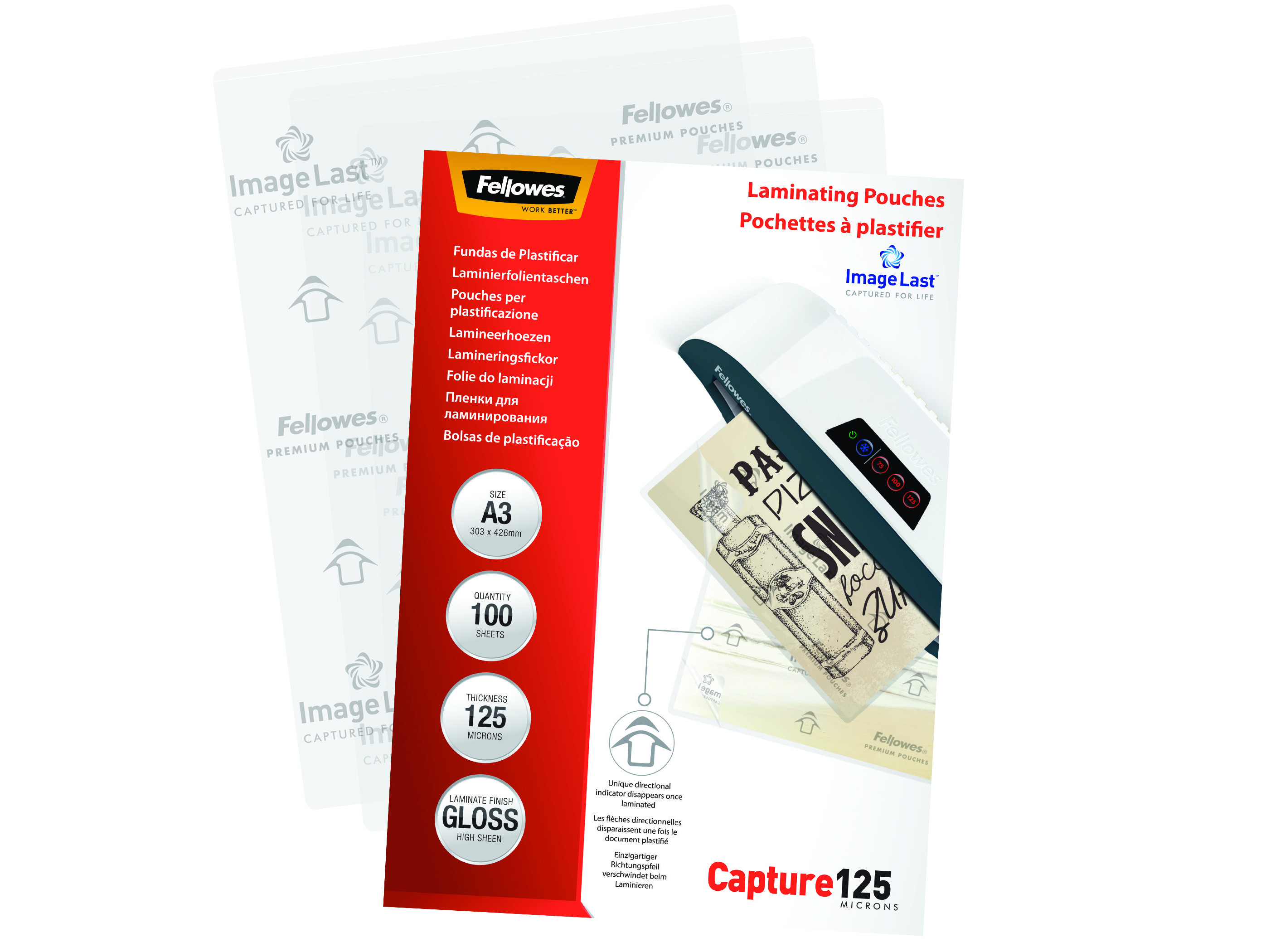 Laminierfolien mit Laminator und laminierter Karte. Rote und weiße Verpackung mit Produktdetails.