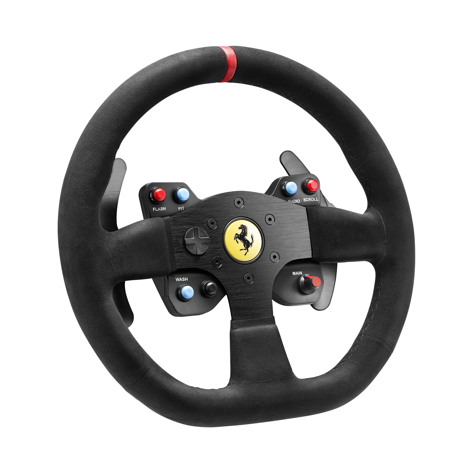 Schwarzes Lenkrad mit rotem Streifen und Knöpfen. Gelbes Ferrari-Logo. Es ist auf weißem Hintergrund.