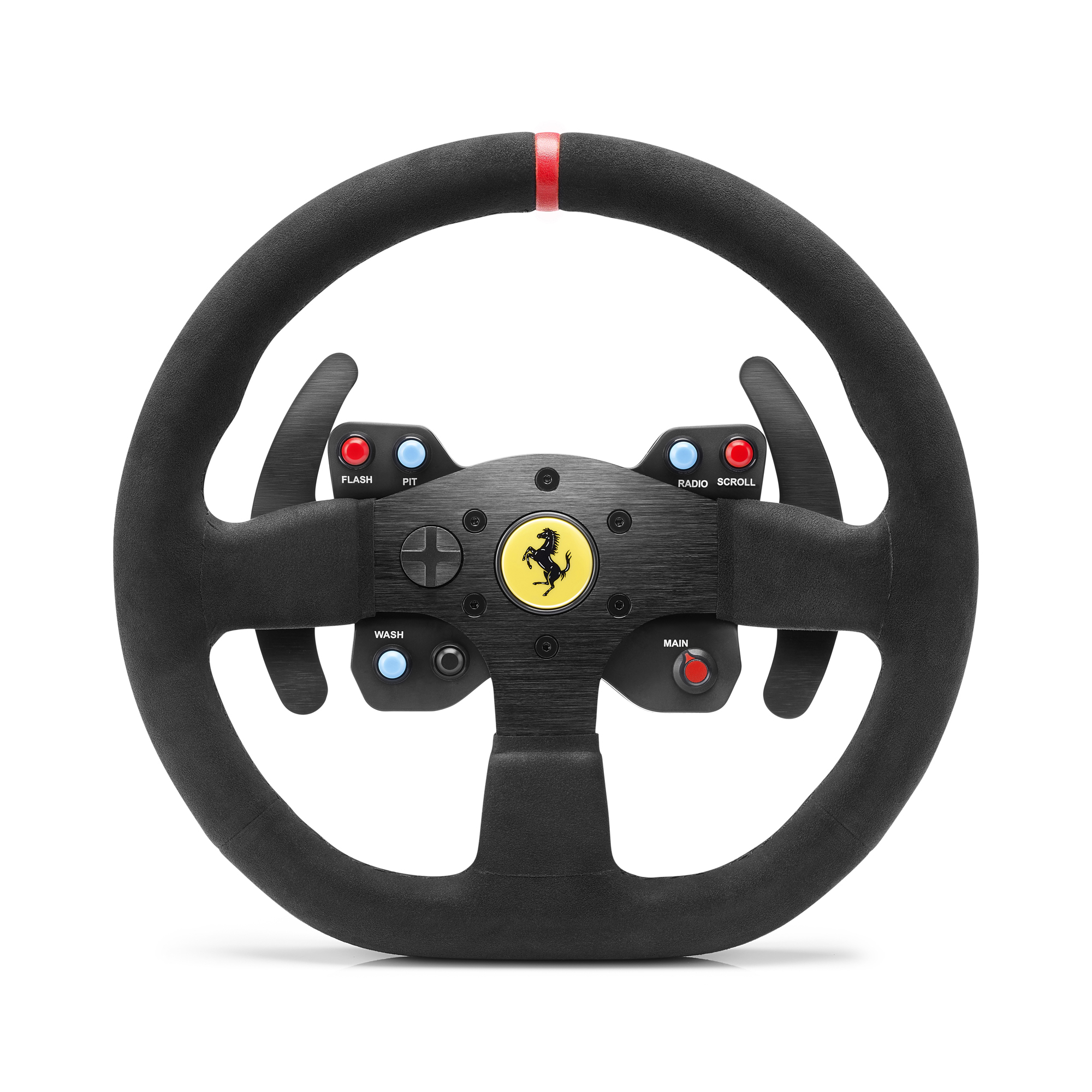 Schwarzes Ferrari-Lenkrad mit roten Akzenten. Knöpfe sind beschriftet mit 'Flash', 'Pit', 'Radio', 'Main' usw. Ferrari-Logo.